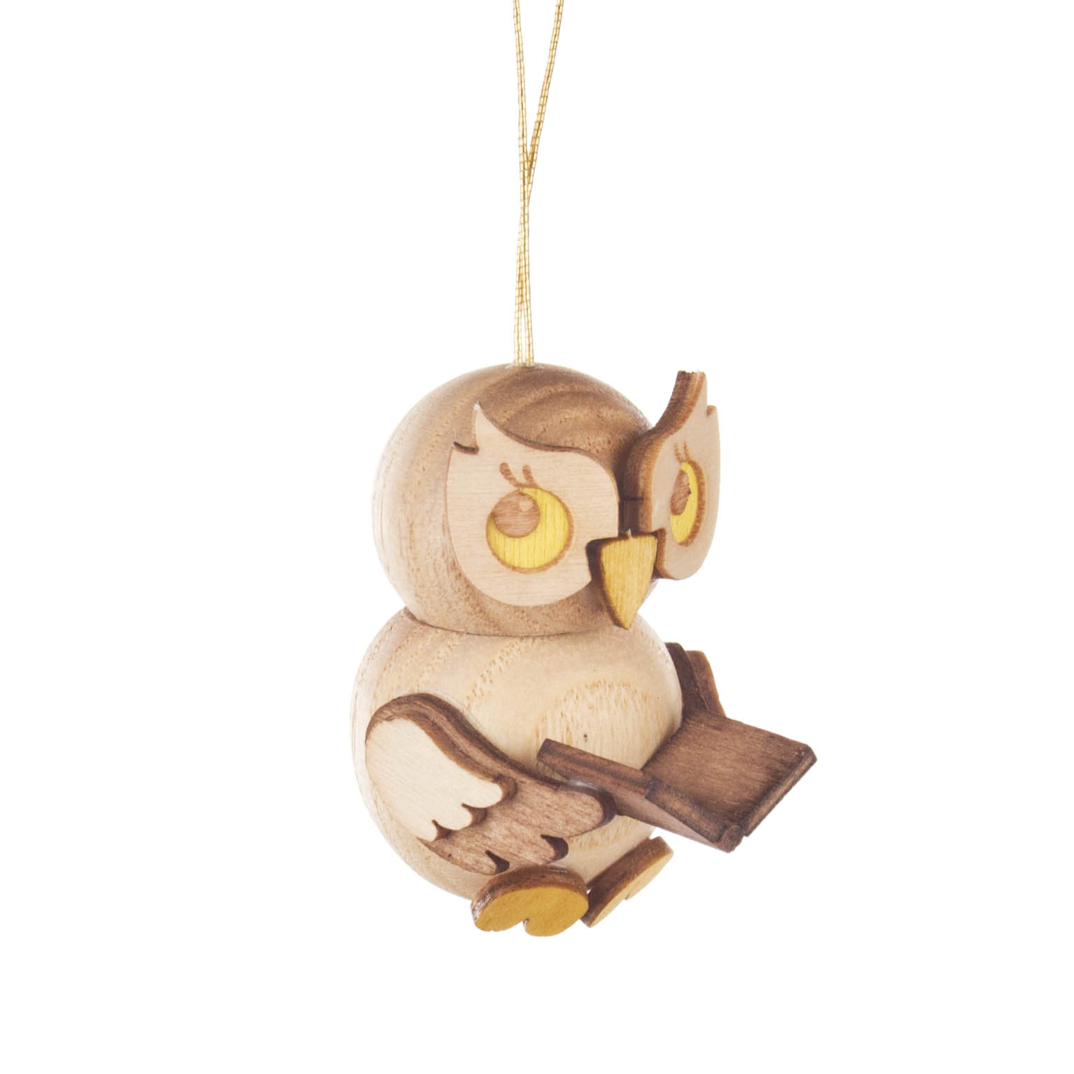 Holzfigur einer sitzenden Eule mit gelb-orangen Augen und Schnabel, die ein kleines Buch hält und als Dekoanhänger dient. im Dregeno Online Shop günstig kaufen
