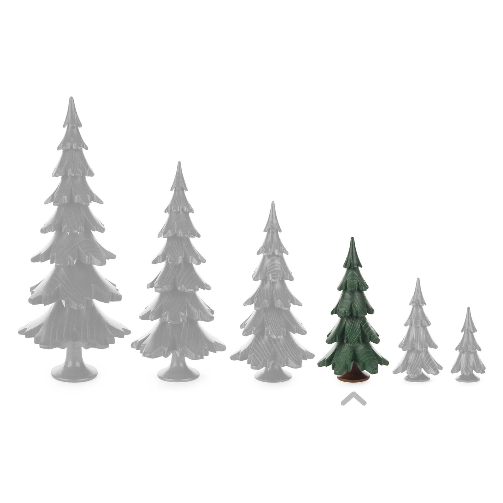 A group of five conical wooden trees in descending size order, with the second smallest tree painted green.