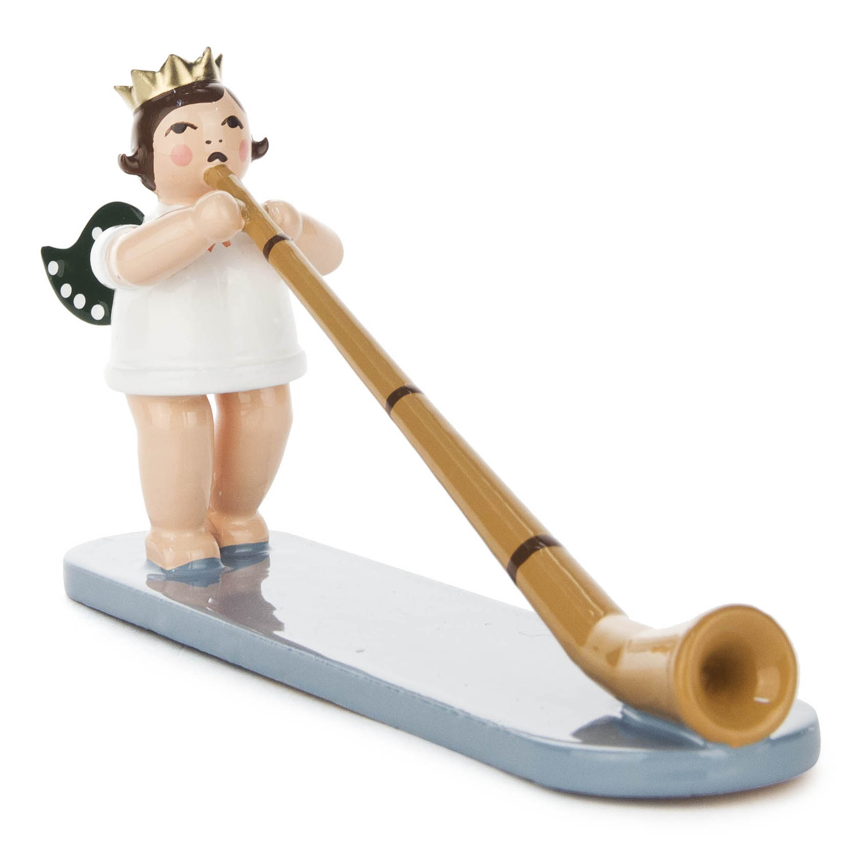 Figur eines Engels mit Krone, der ein Alphorn spielt, stehend auf einer blauen Basis. im Dregeno Online Shop günstig kaufen