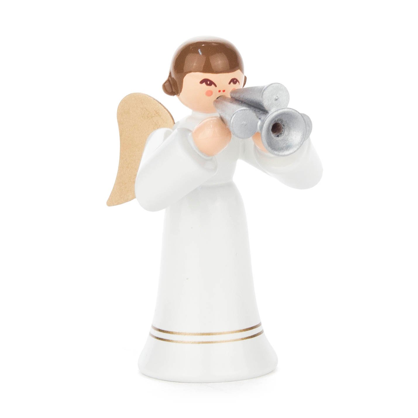 Figur eines Engels mit goldenen Flügeln und braunem Haar. Der Engel trägt einen langen, weißen Rock mit goldenen Streifen und spielt eine silberne Schalmei. im Dregeno Online Shop günstig kaufen