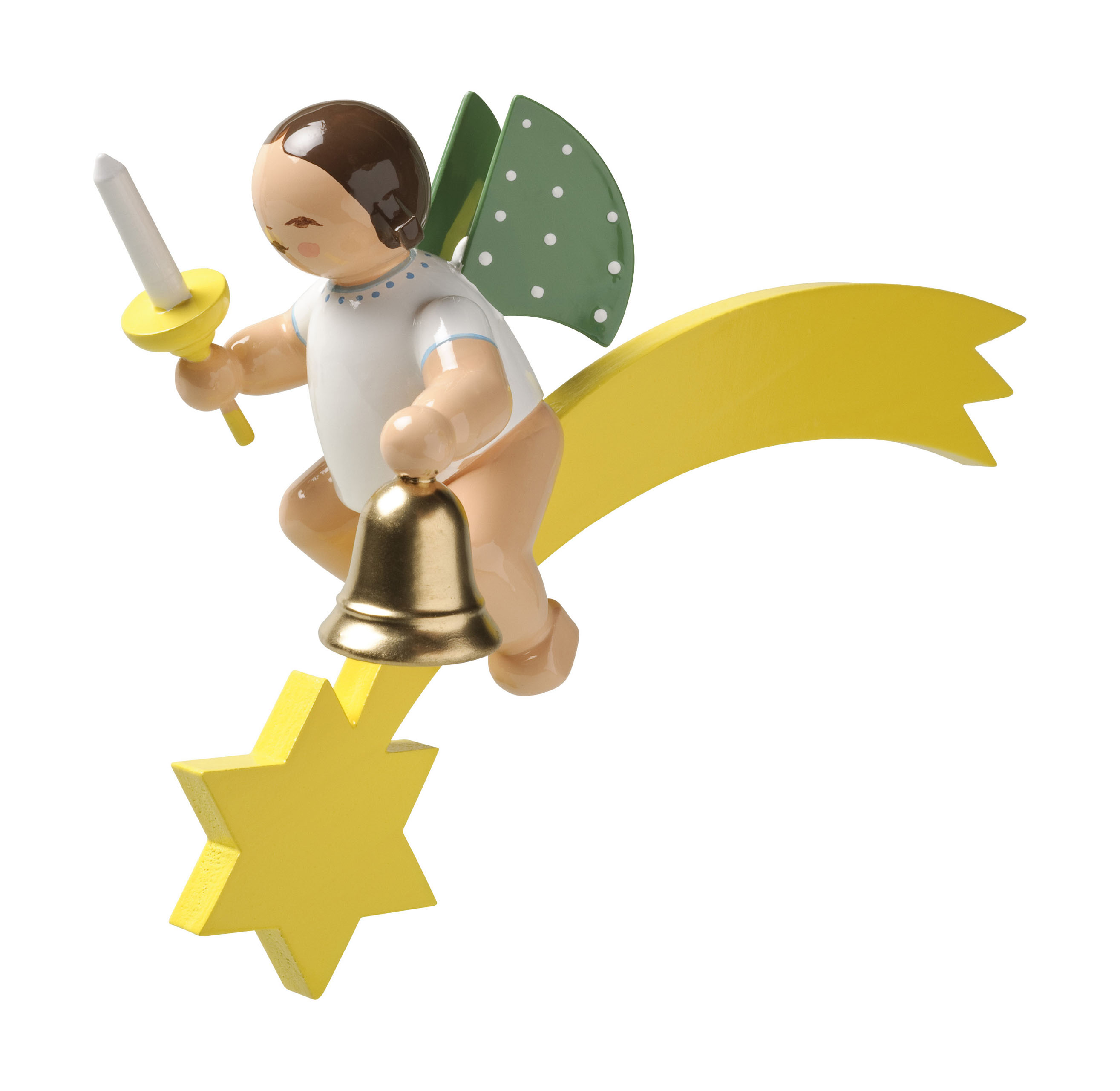 Holzengel mit grün gepunkteten Flügeln sitzt auf einem gelben Kometenschweif. In der rechten Hand hält er eine Kerze, in der linken eine goldene Glocke. im Dregeno Online Shop günstig kaufen