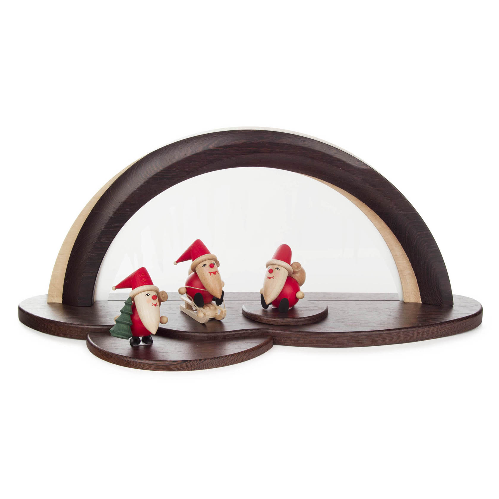 LED-Design-Holzbogen mit Glasscheibe 3 Figuren Weihnachtsmann-sitzend, mit Baum, mit Schlitten im Dregeno Online Shop günstig kaufen
