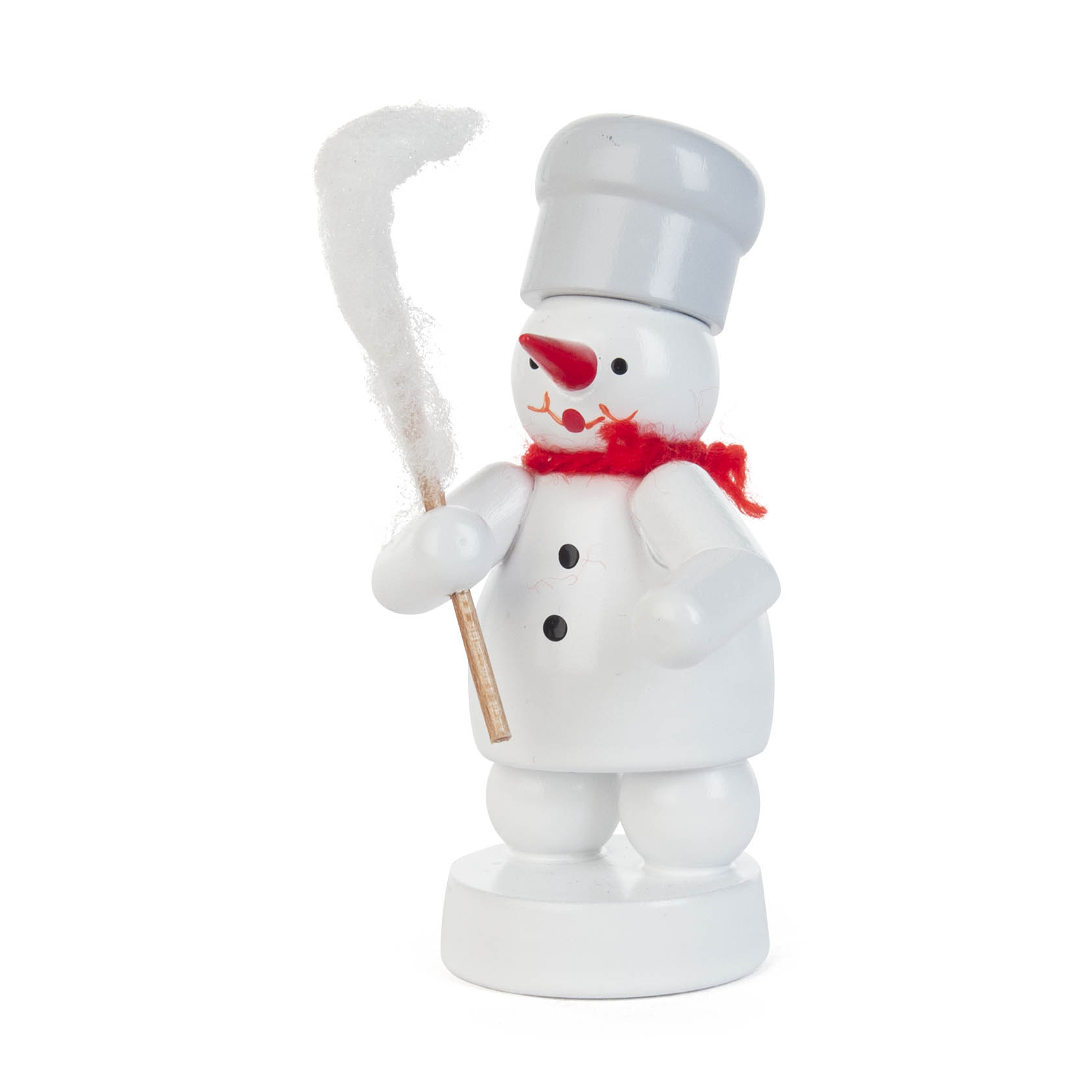 Eine weiße Schneemannfigur mit roter Mütze und Schal, als Bäcker verkleidet, hält er eine Zuckerwatte in der Hand. im Dregeno Online Shop günstig kaufen