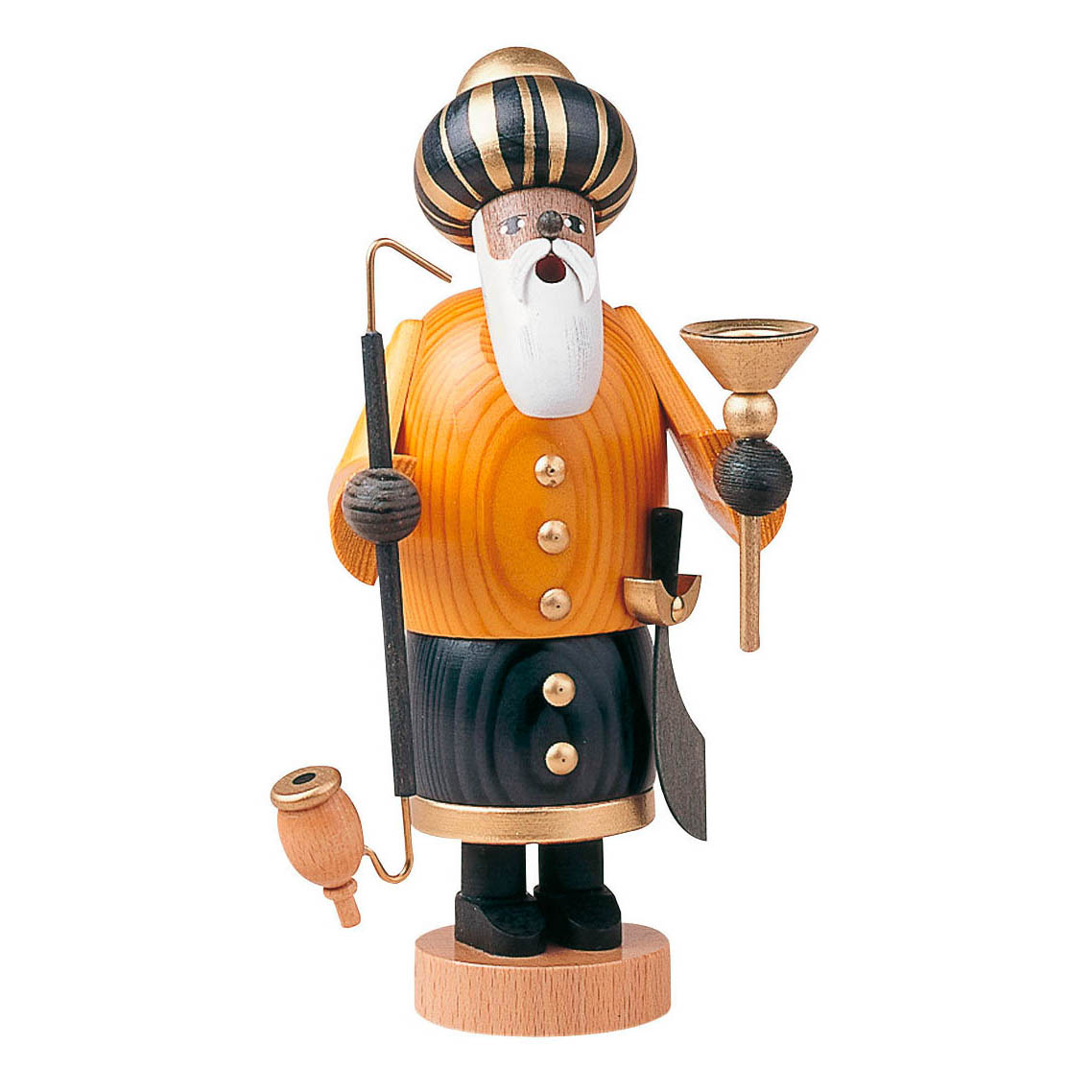 Holzfigur eines Räuchermanns namens Melchior, 22 cm hoch, mit einem langen weißen Bart, einem orangefarbenen Turban, einer Pfeife und einem Kelch.