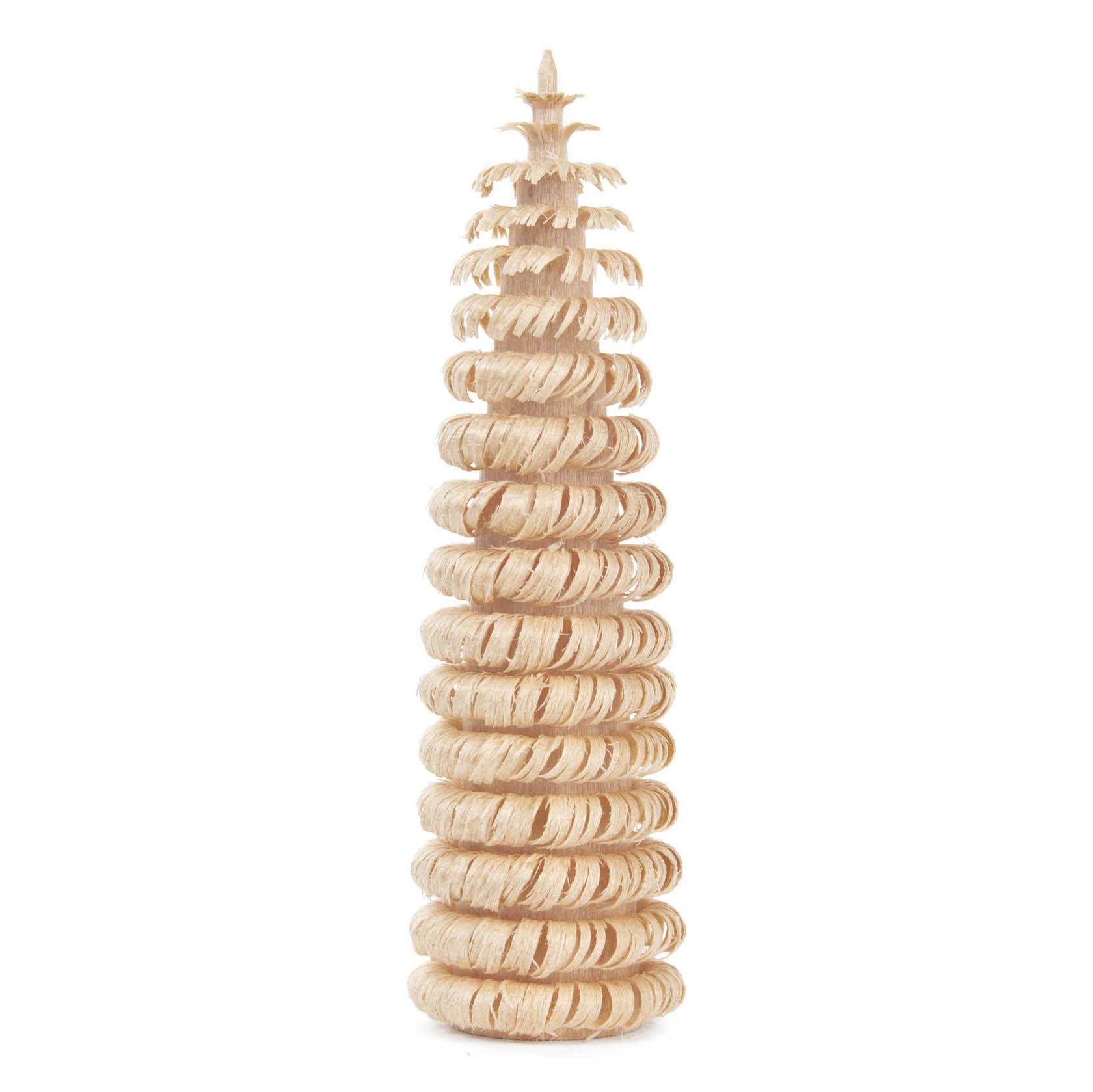 A 9cm natural wooden spiral tree decoration with intricate ring layers resembling a Christmas tree. im Dregeno Online Shop günstig kaufen