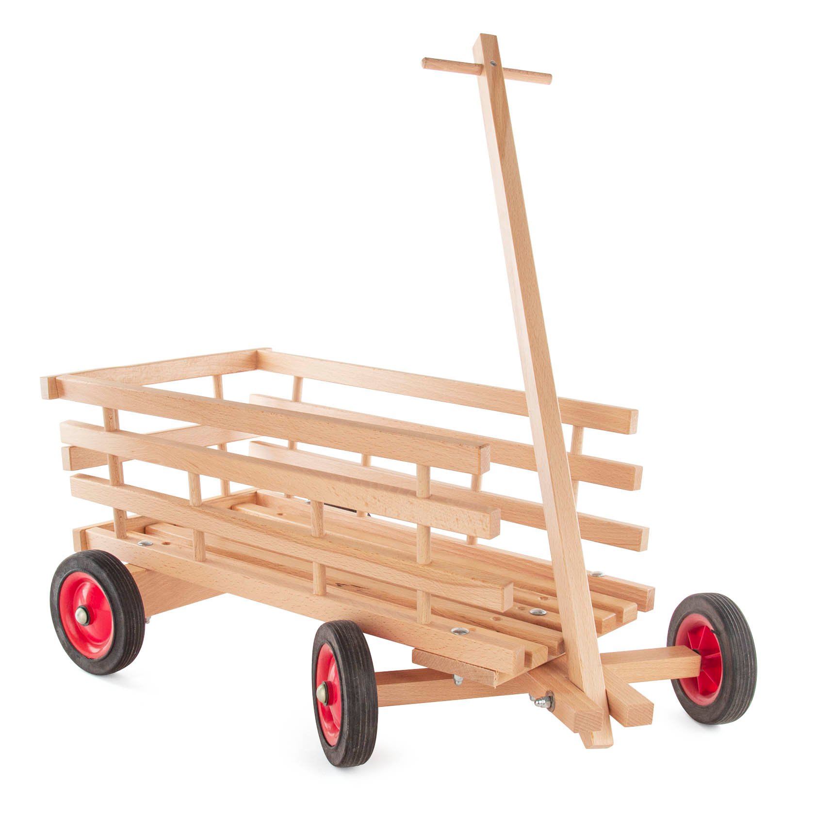 A small wooden handcart with a rectangular lattice structure and four red plastic wheels. im Dregeno Online Shop günstig kaufen