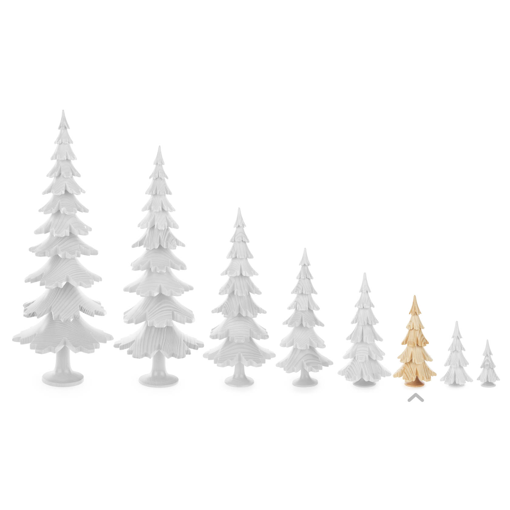 A lineup of seven 3D-printed trees in a gradient of sizes. The largest six trees are white, while the smallest is made of natural wood color.