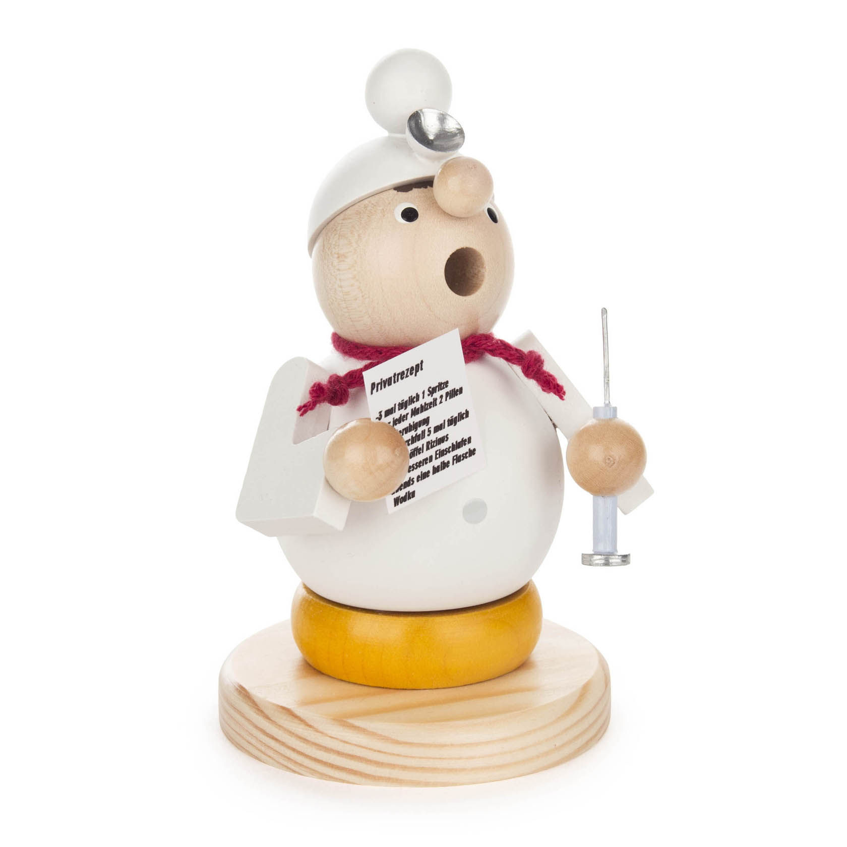 A wooden incense smoker figure in the shape of a doctor, holding a syringe, with a stethoscope around its neck and a doctor's cap on its head.