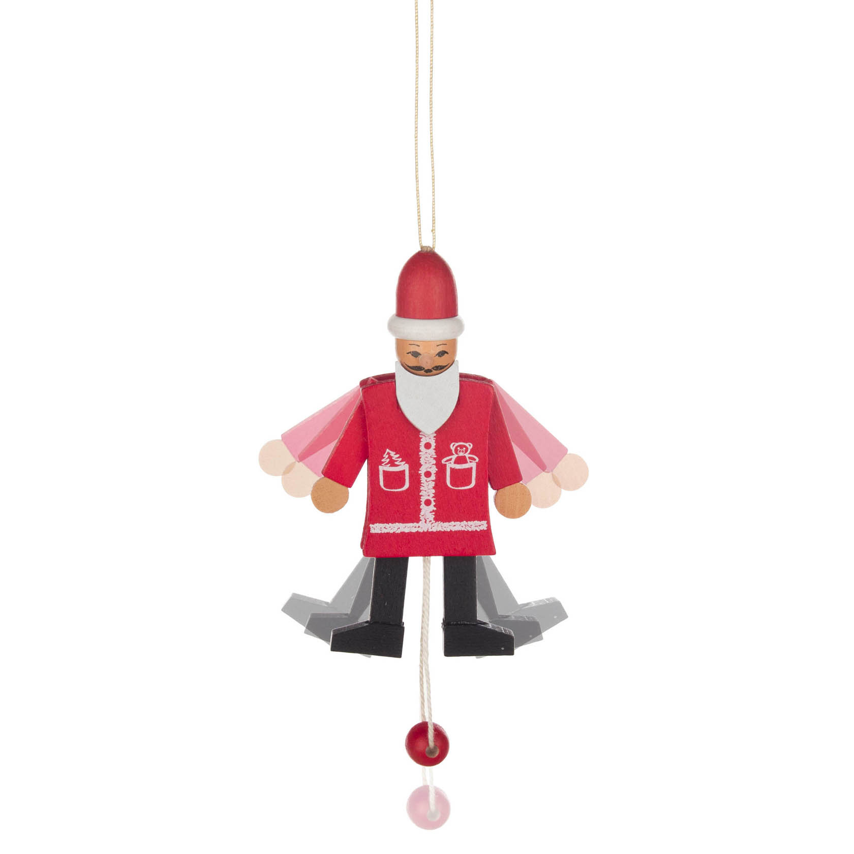 A traditional wooden jumping jack Santa Claus, wearing a red suit with white details and a red hat, with moving arms and legs when pulled.