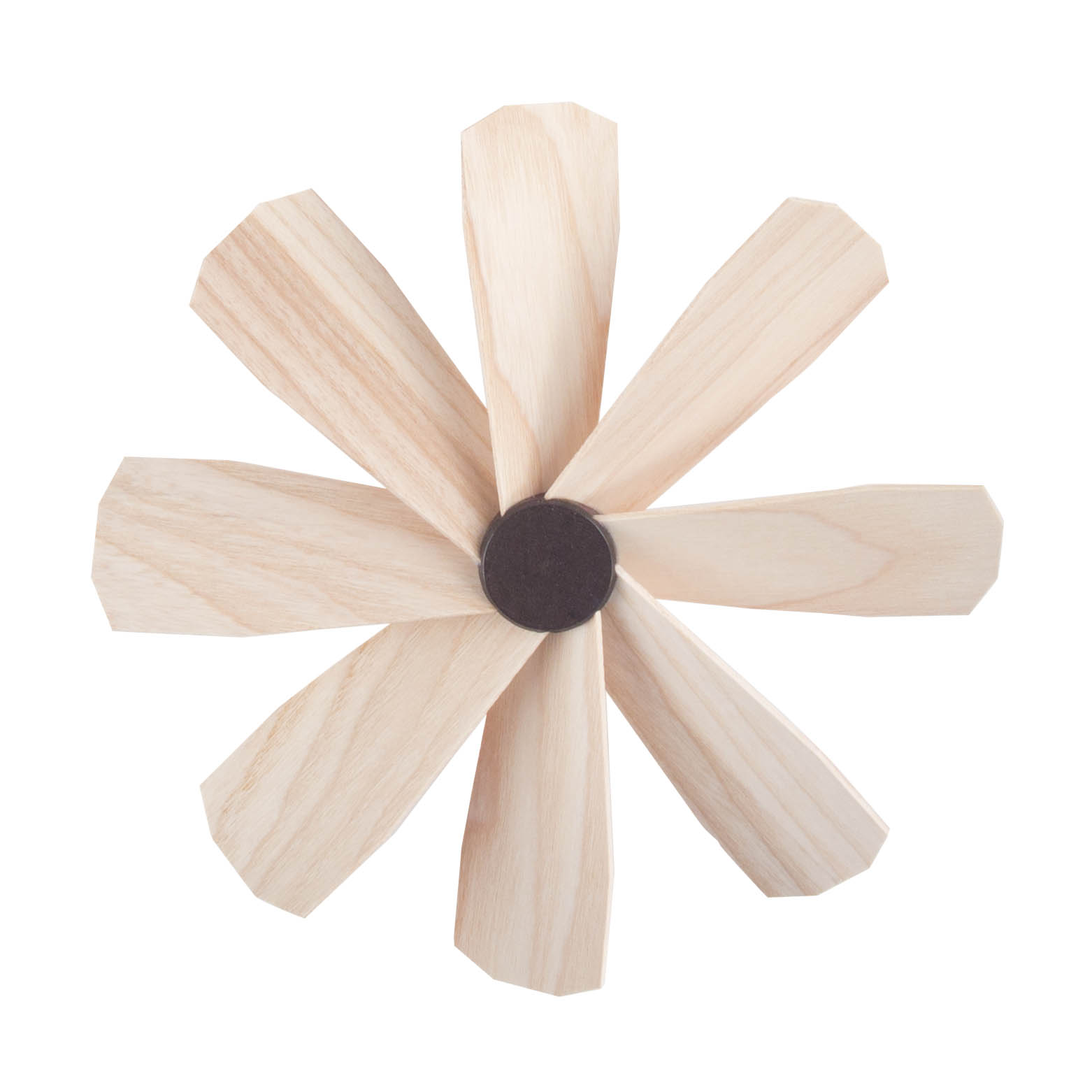 A wooden impeller with eight light-colored blades arranged symmetrically around a central black hub. im Dregeno Online Shop günstig kaufen