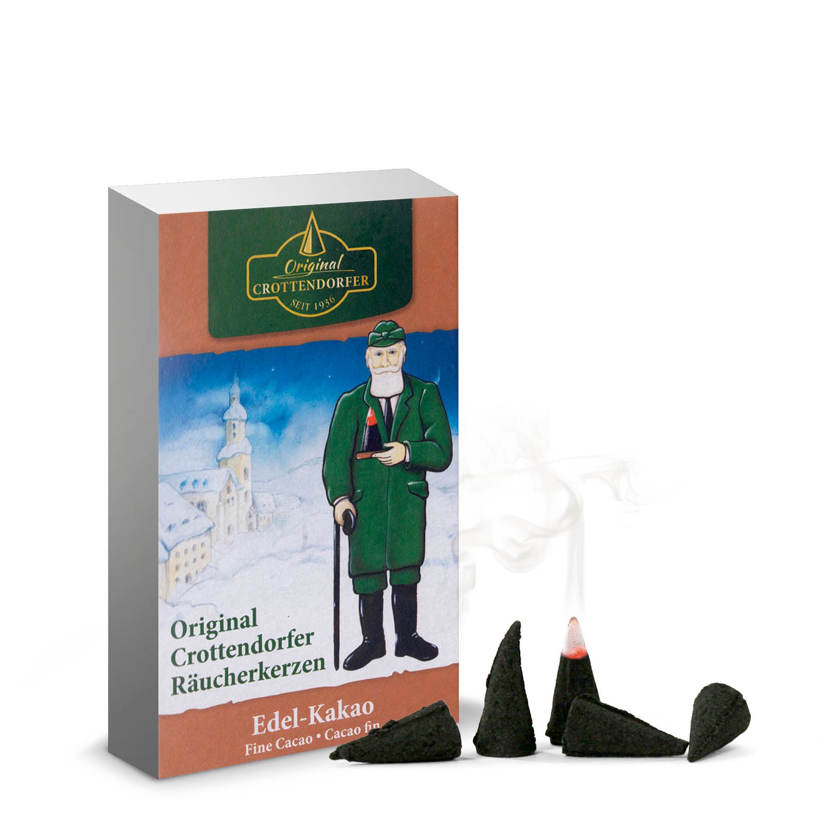 Verpackung von Crottendorfer Räucherkerzen 'Edel-Kakao' neben mehreren ausgepackten Räucherkerzen in der Form kleiner Kegel. im Dregeno Online Shop günstig kaufen