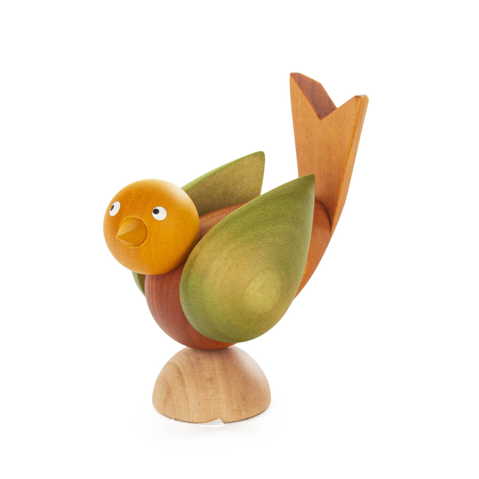 Colorfully glazed wooden bird figure with orange, green, and brown colors, featuring a round body, large eyes, and a tilted head. im Dregeno Online Shop günstig kaufen