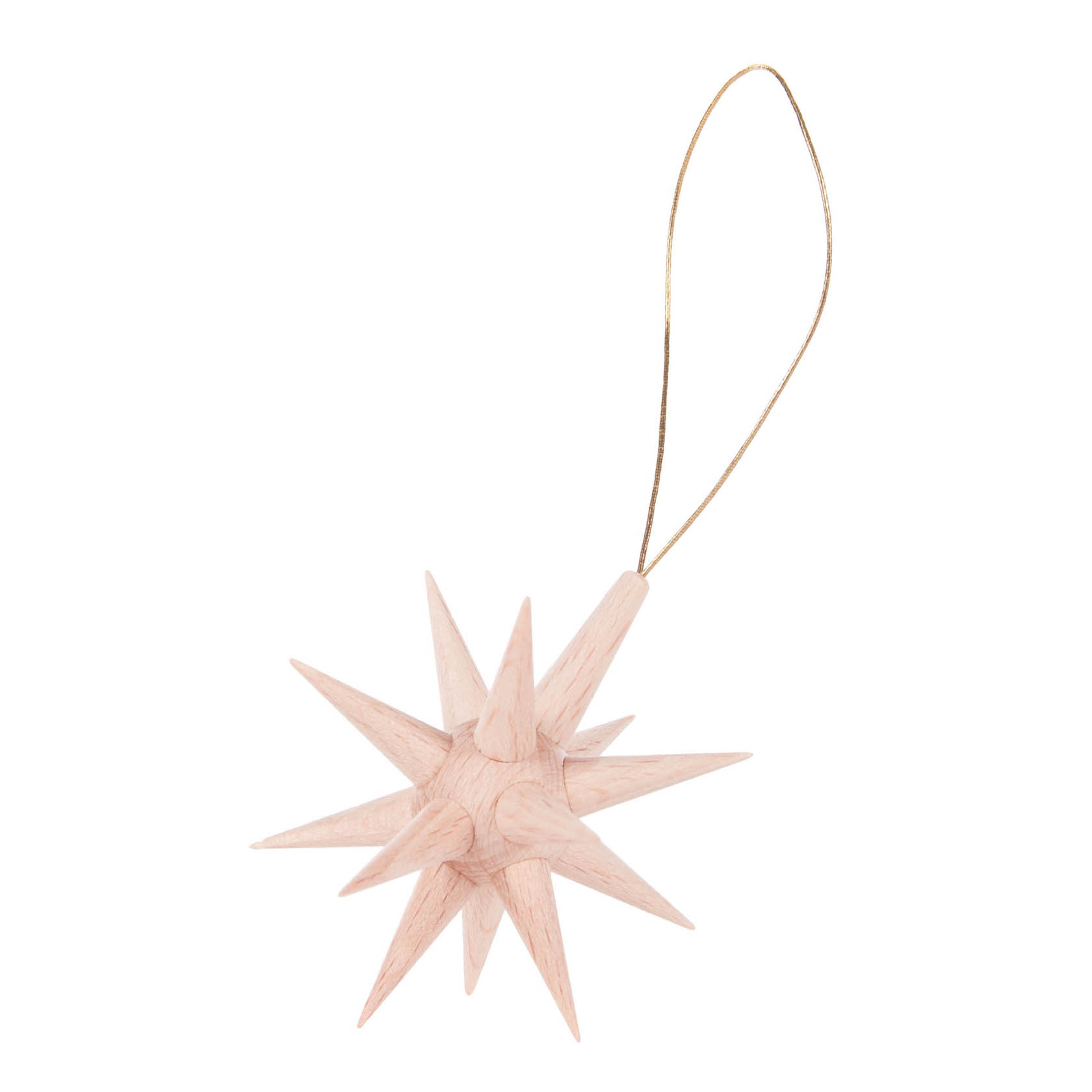 Ein dreidimensionaler Holsstern mit zwölf kegelförmigen Spitzen und einer goldenen Aufhängeschlaufe zum Dekorieren von Weihnachtsbäumen. im Dregeno Online Shop günstig kaufen