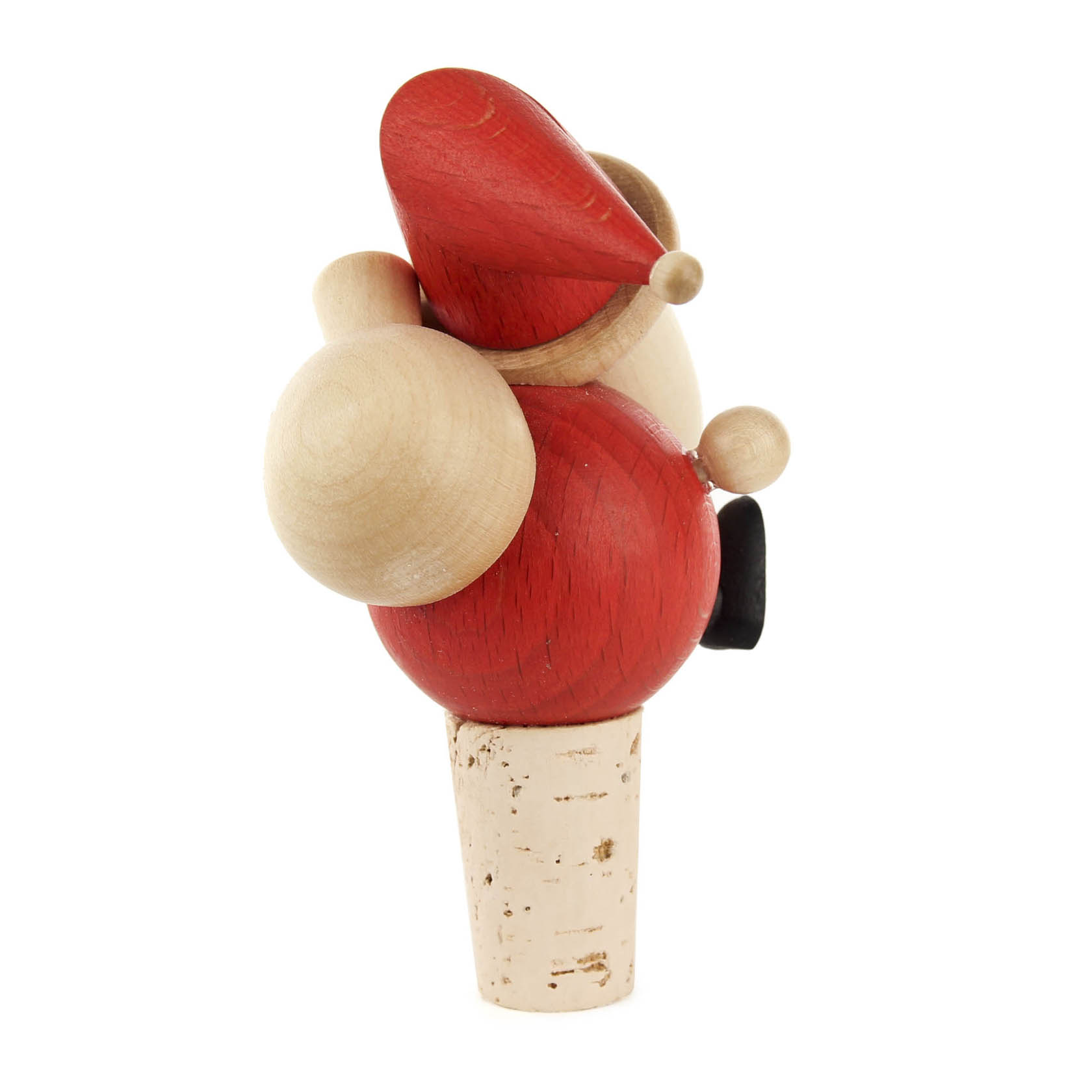 Wooden Santa Claus figure with a red body and hat, beige arms, and a cork base, designed as a decorative bottle stopper.