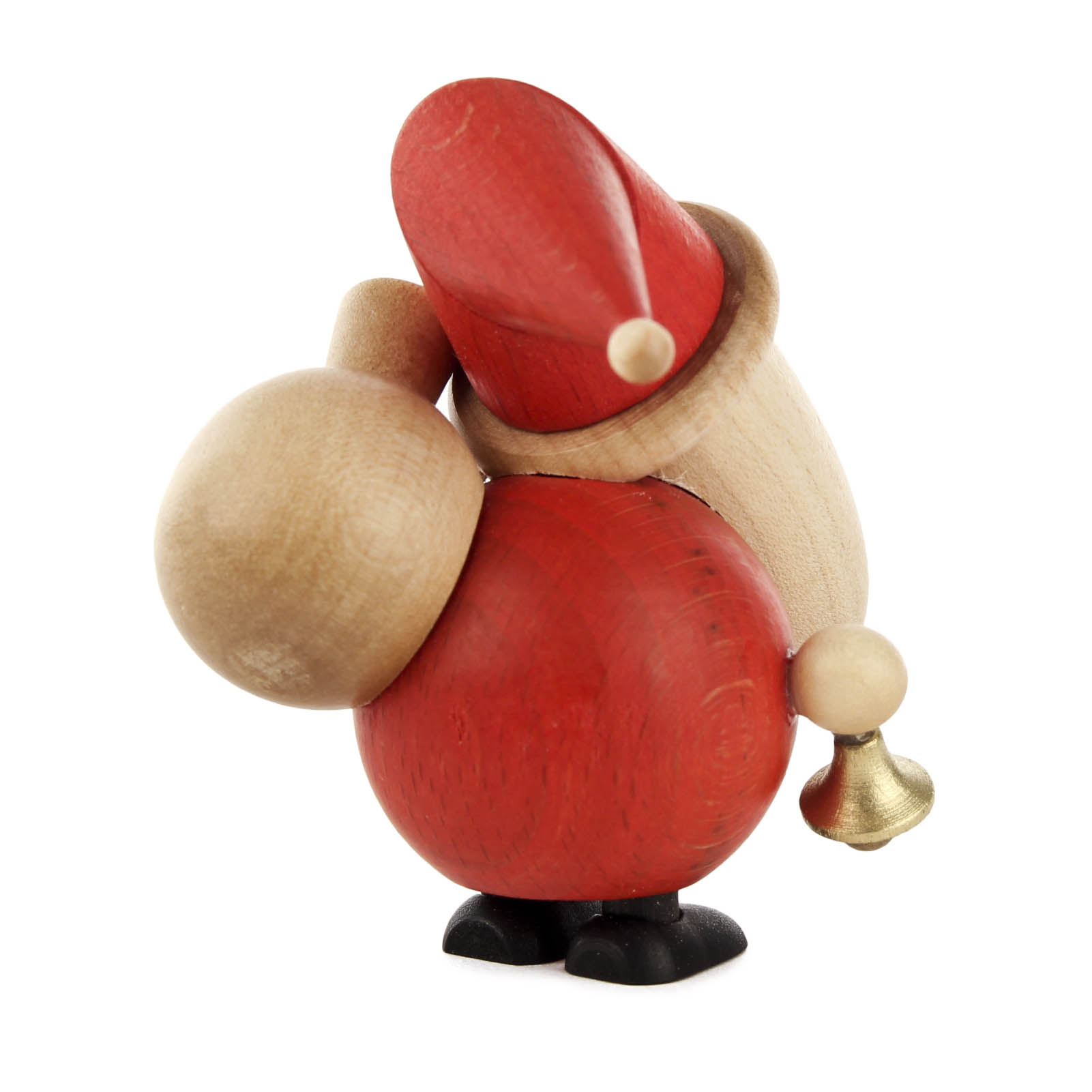 A small wooden Santa Claus figure in red with a bell and a beige round head and hat, viewed from behind.