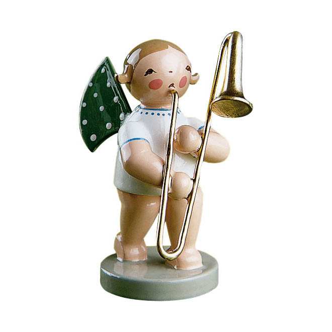 Wendt & Kühn Engel mit hellbraunem Haar und grün gepunkteten Flügeln spielt goldene Zugposaune. Figur auf rundem Sockel. im Dregeno Online Shop günstig kaufen