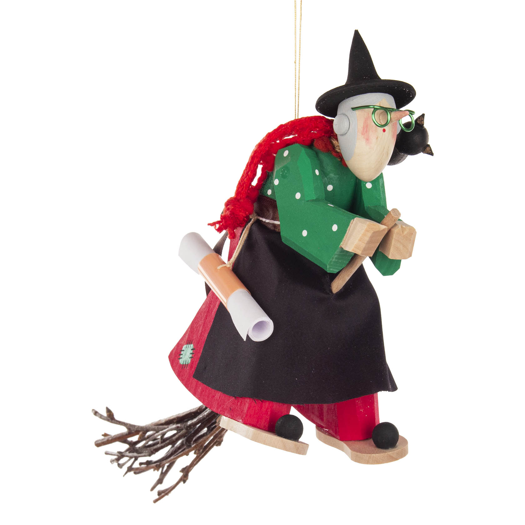 Hexe mit Kater auf Besen, geschnitzt, zum Hängen im Dregeno Online Shop günstig kaufen