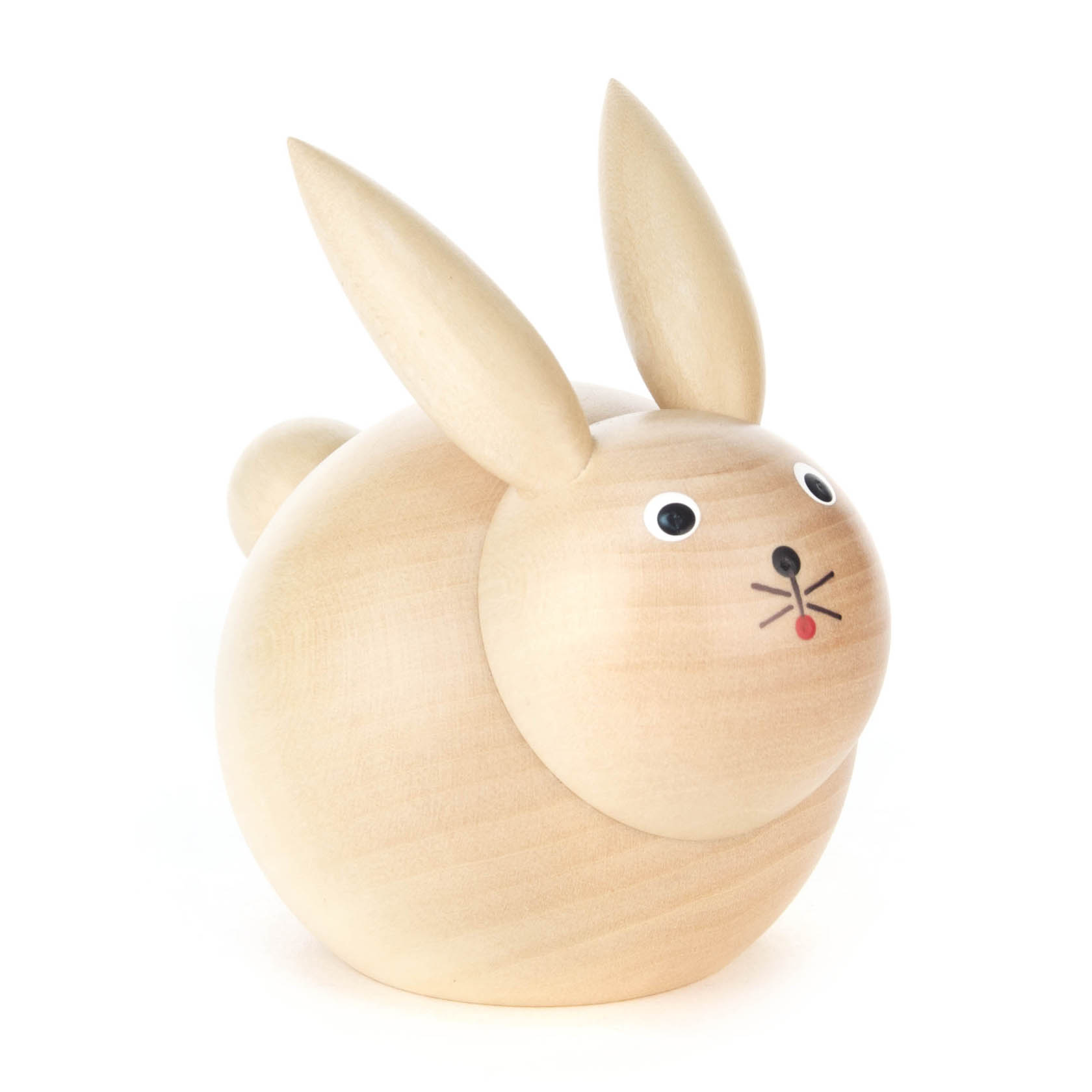 A medium-sized wooden rabbit figurine with a natural finish, featuring wide eyes, a small red nose, and upright ears. im Dregeno Online Shop günstig kaufen