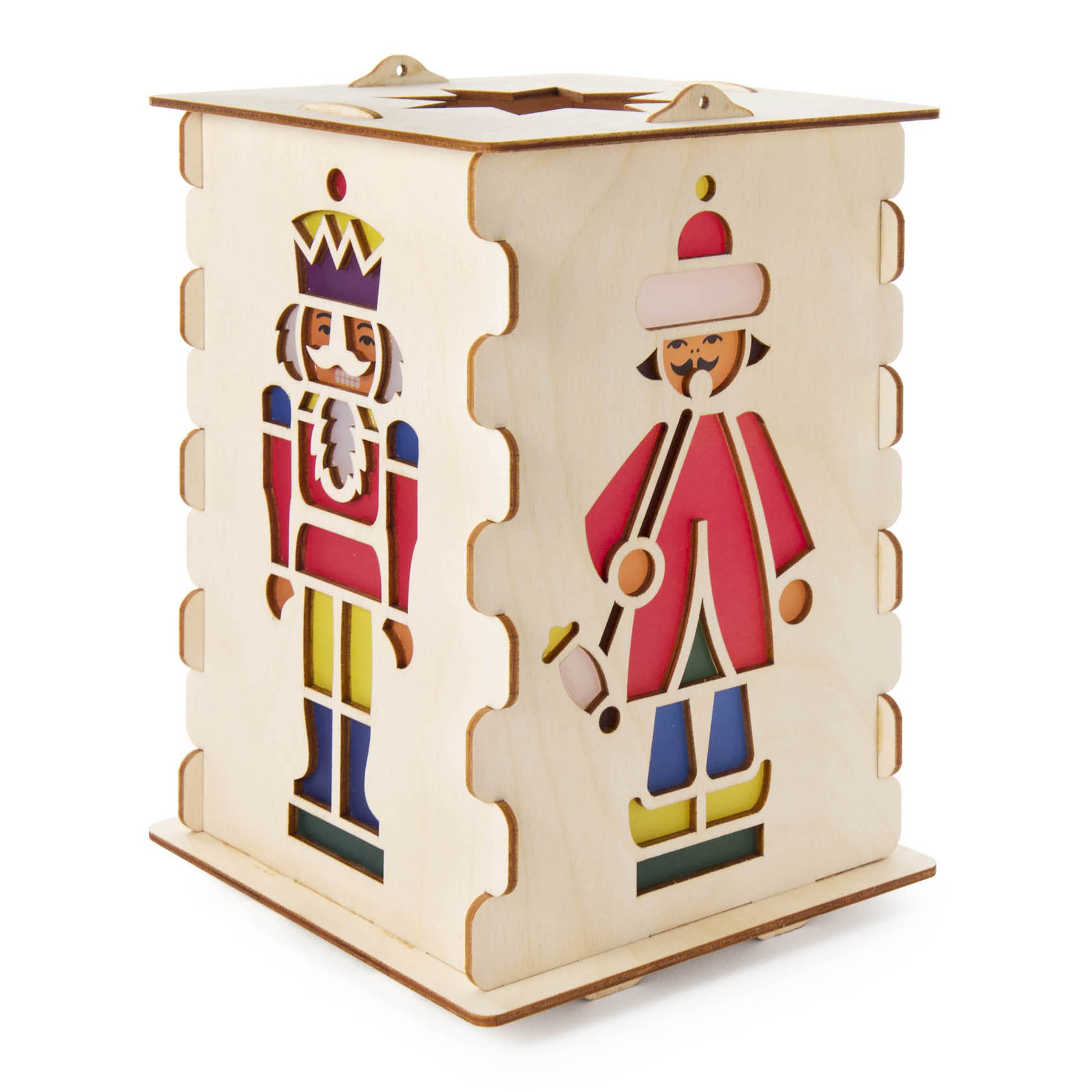 Holztischlaterne mit buntem Nussknacker- und Räuchermannmotiv. Die Laterne besteht aus vier Seiten mit ineinander greifenden Teilen. im Dregeno Online Shop günstig kaufen