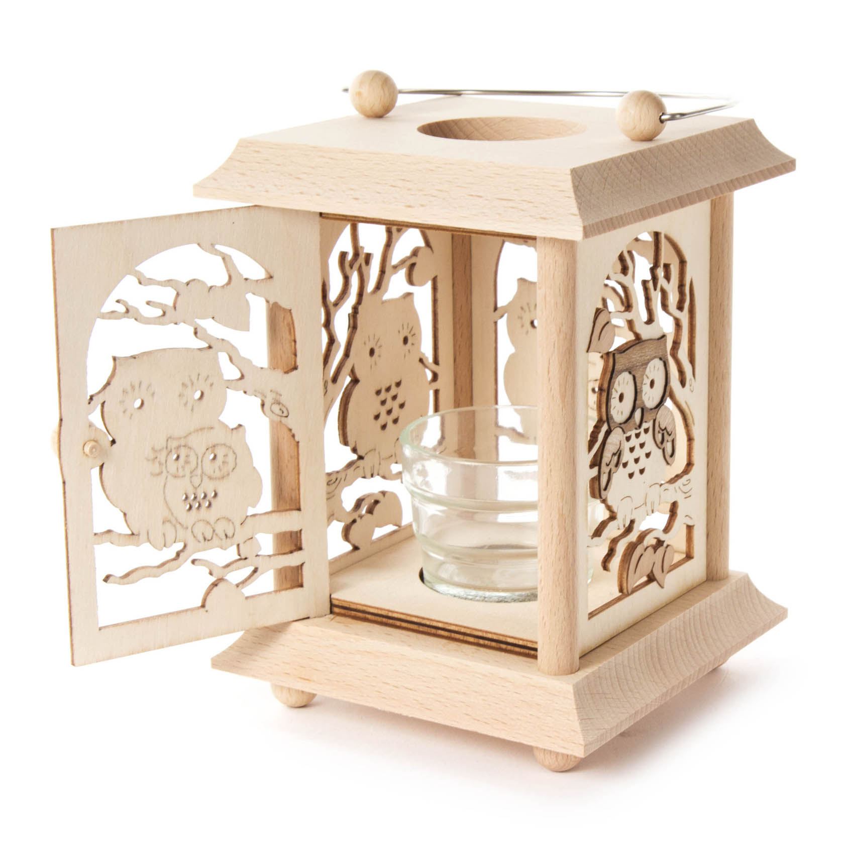 Wooden owl lantern with intricate owl carvings, featuring a glass insert for a tealight or votive candle.