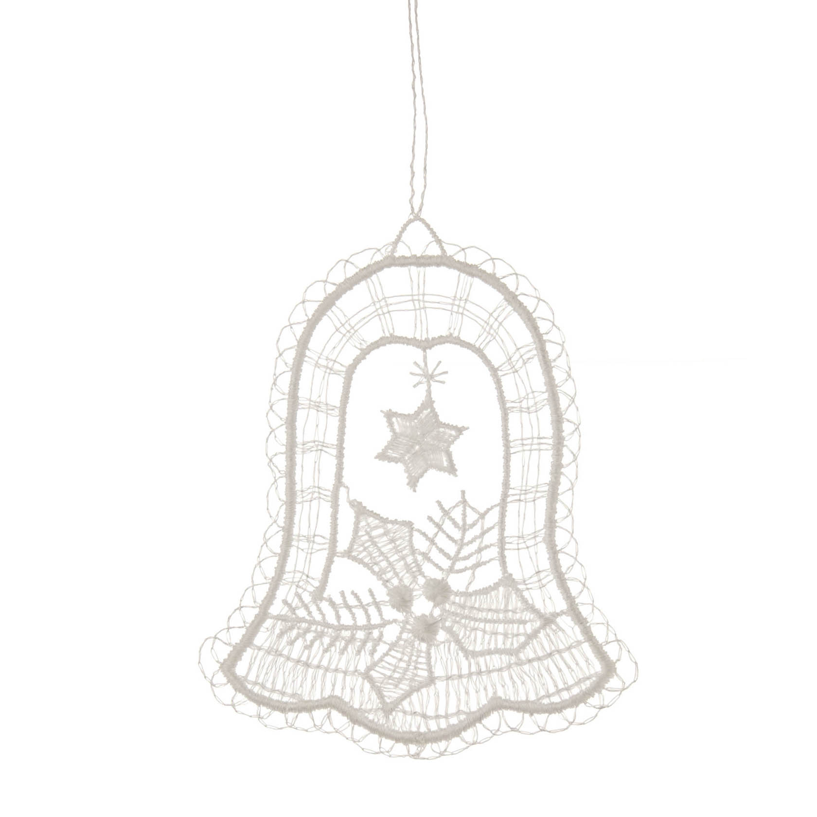 Eine zarte, weiße Spitze in Form einer Glocke mit einem eingestickten Stern und einem Ilexzweig. im Dregeno Online Shop günstig kaufen