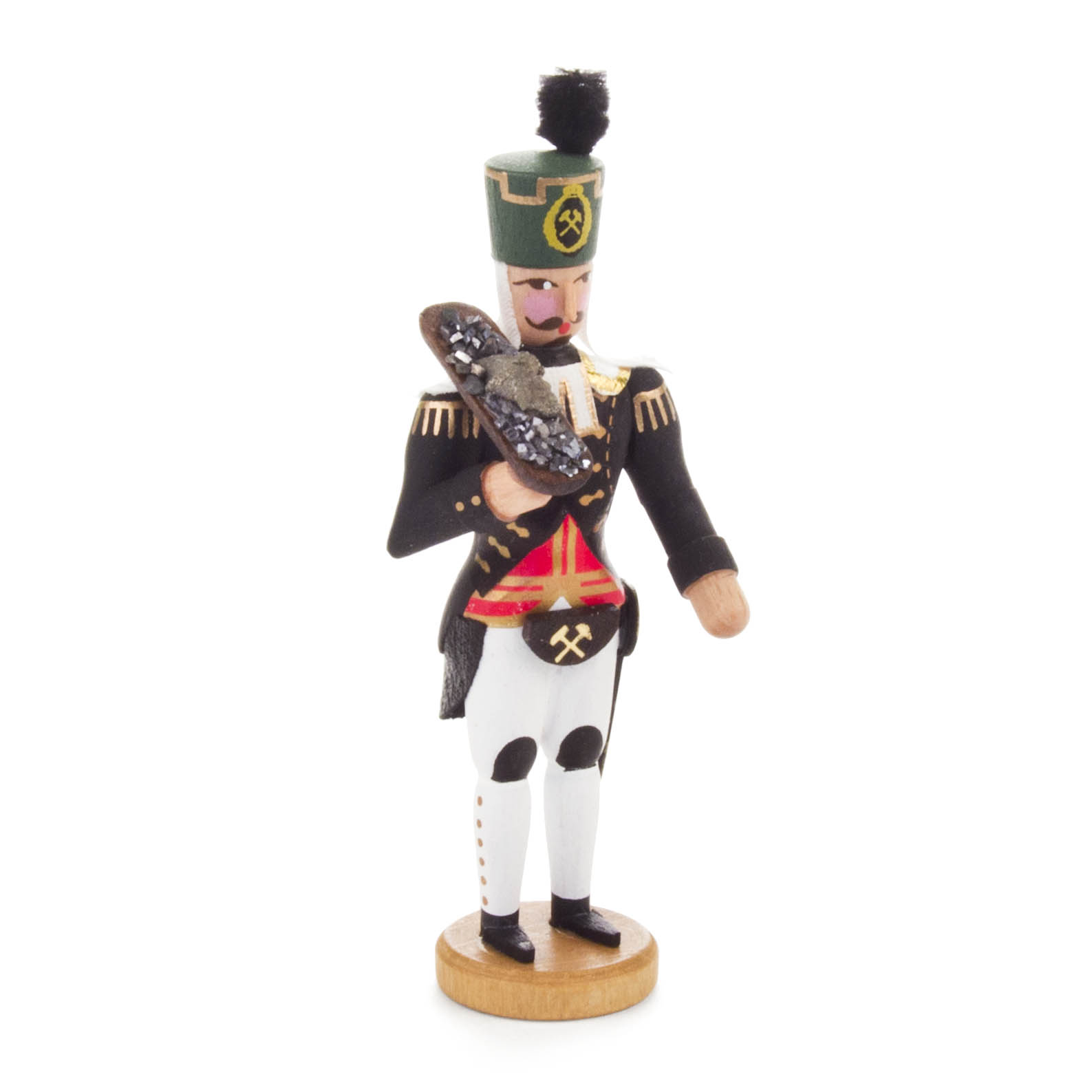 Holzfigur eines Bergmanns in traditioneller Uniform mit schwarzem Hut und Feder, hält ein silbernes Objekt, trägt schwarze Jacke und weiße Hose. im Dregeno Online Shop günstig kaufen