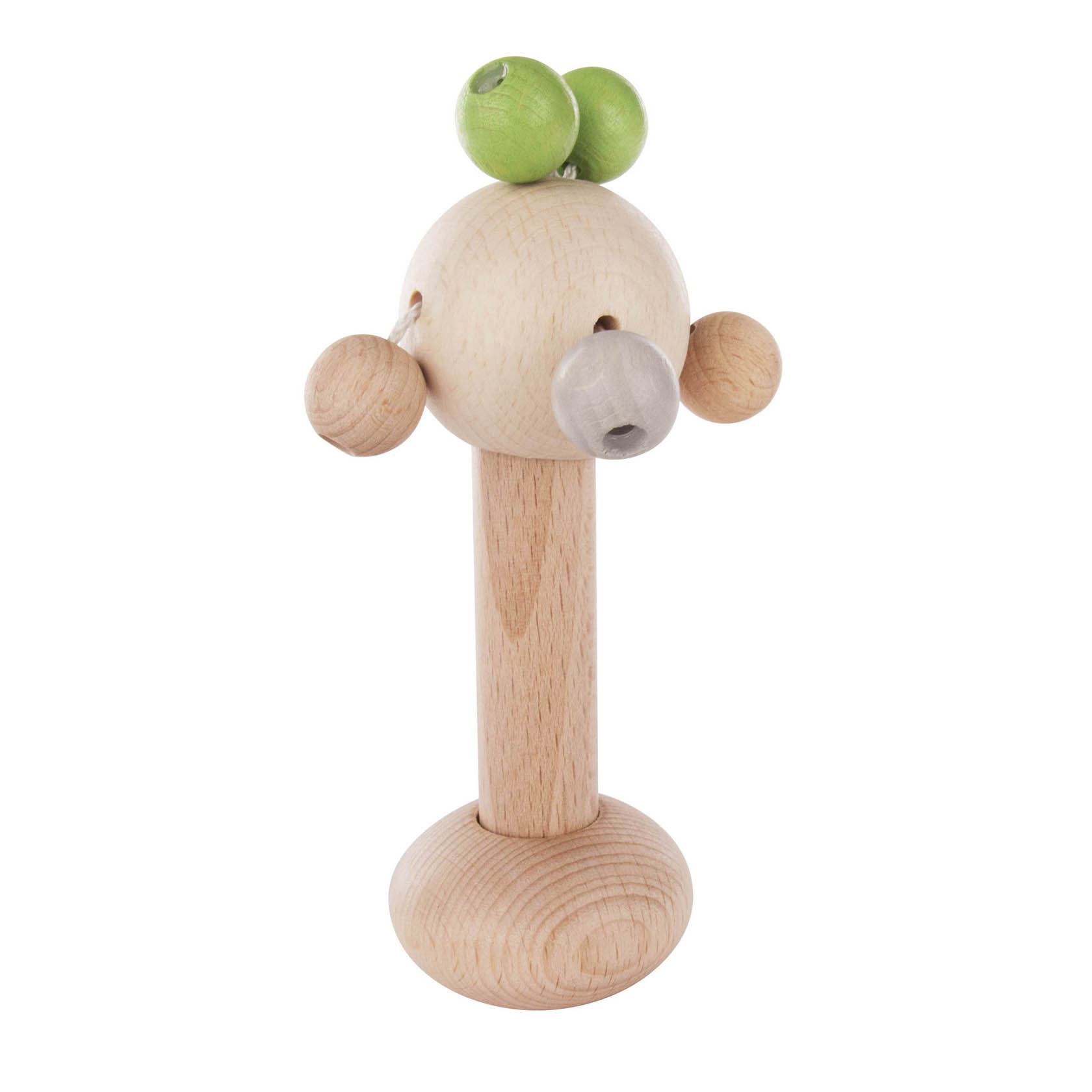 A wooden rattle shaped like a tree with a natural finish, featuring two green apple-like spheres on top and two rounded branches on the sides. im Dregeno Online Shop günstig kaufen