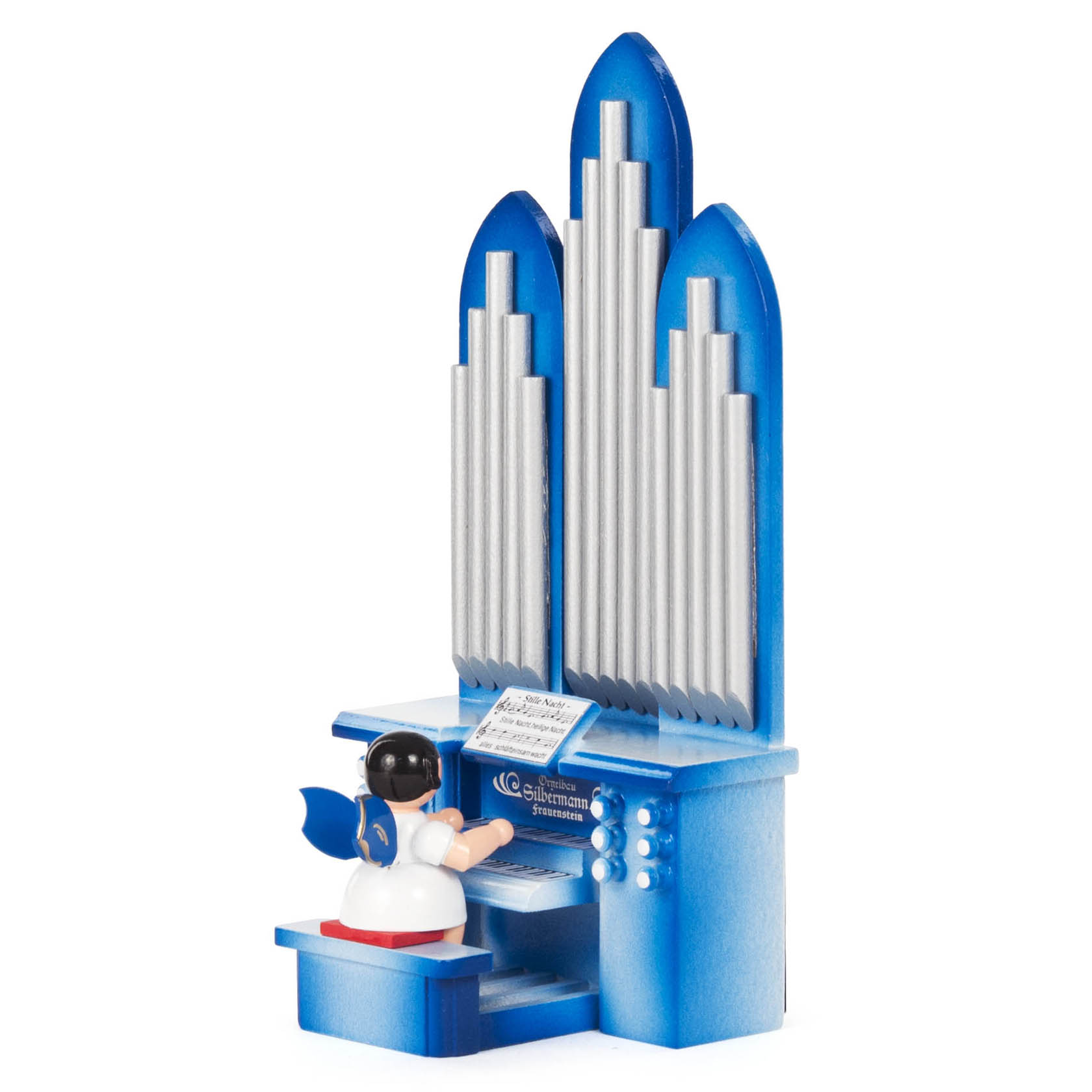 Engel an der Orgel mit Musikspielwerk, blaue Flügel
