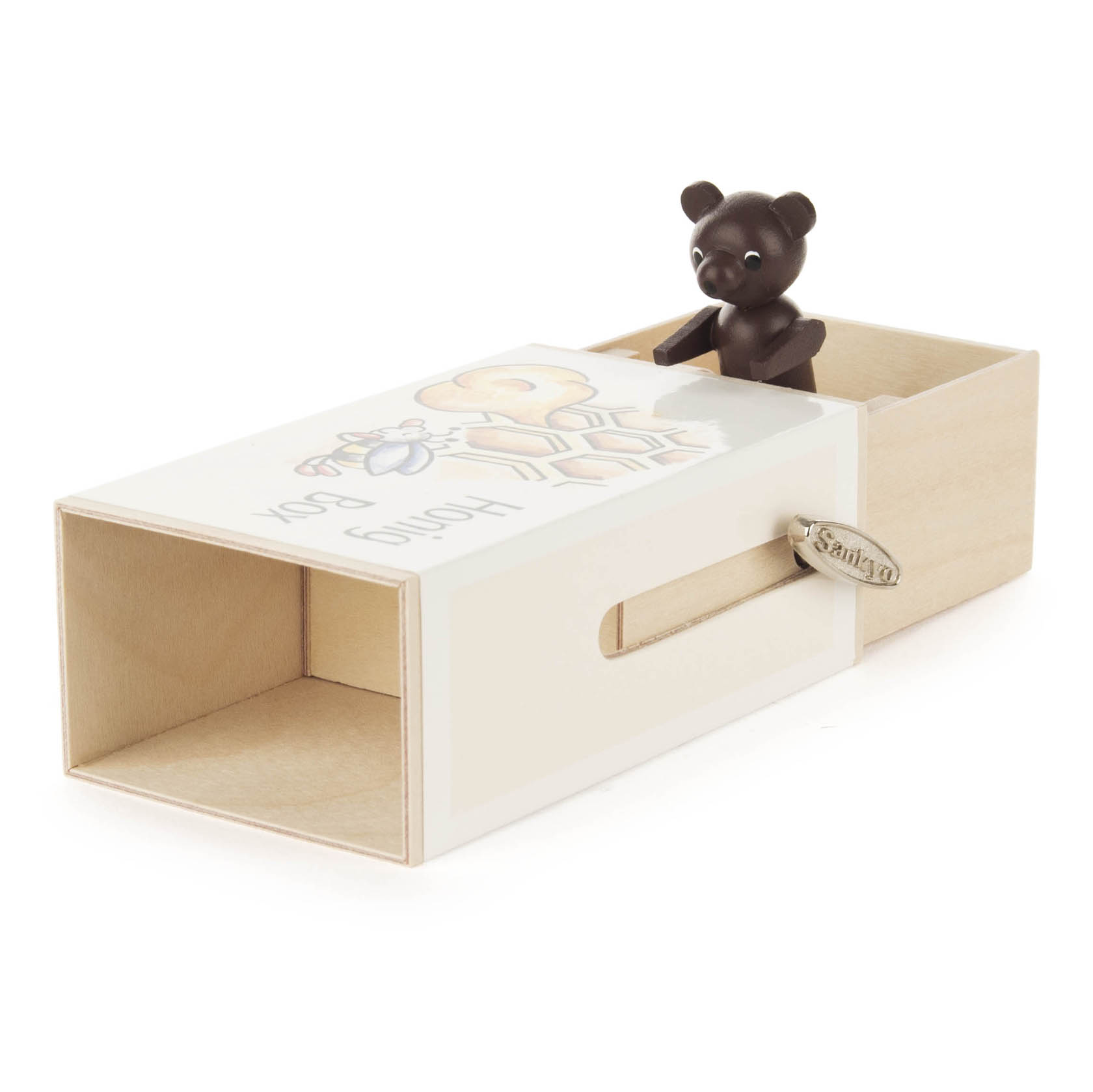 A wooden slide box with a 'Honey Box' label, featuring a small bear figurine protruding from the top. The box has a warm, natural finish.