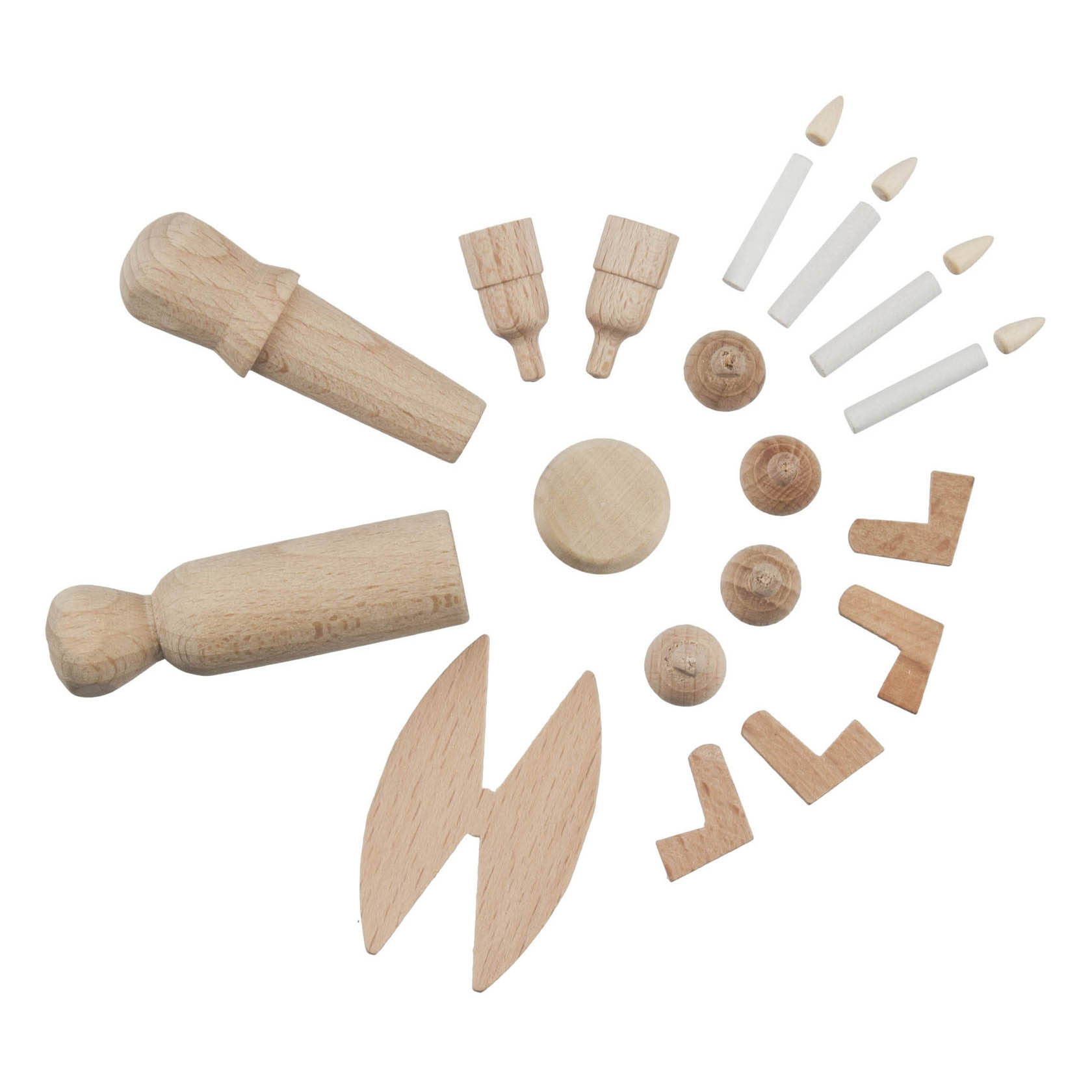 A wooden craft kit featuring disassembled parts for creating an angel and miner figure, including body parts, wings, arms, and small candles.