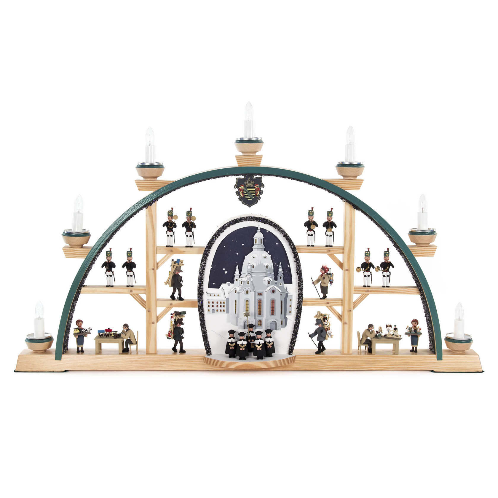 Schwibbogen mit Dresdner Frauenkirche, Kurrende und Erzgebirgsfiguren, elektrisch beleuchtet im Dregeno Online Shop günstig kaufen