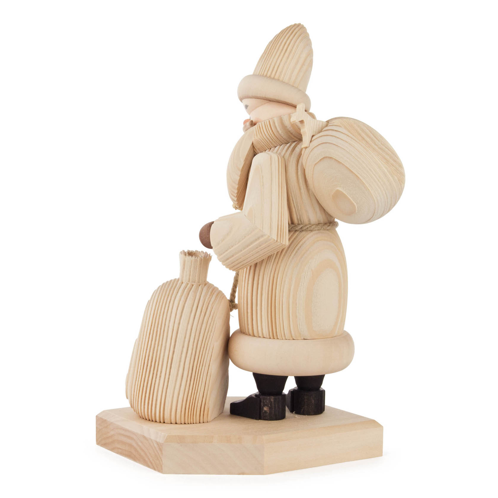 Wooden incense smoker figure of Santa Claus with a sack, featuring a natural wood finish and detailed carving.