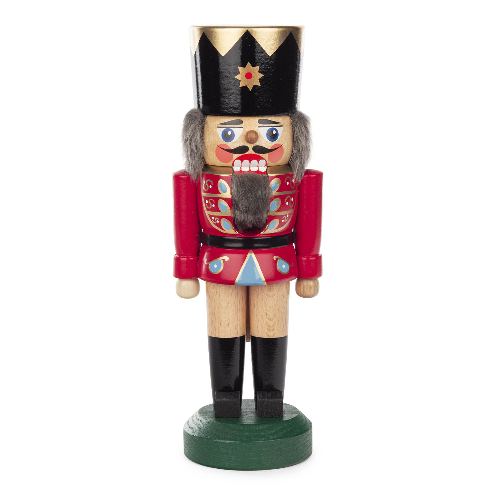 Ein traditioneller Nussknacker in Form eines Königs, 22 cm hoch, in rot-natur Farben mit schwarzem Hut und goldenen Details. im Dregeno Online Shop günstig kaufen
