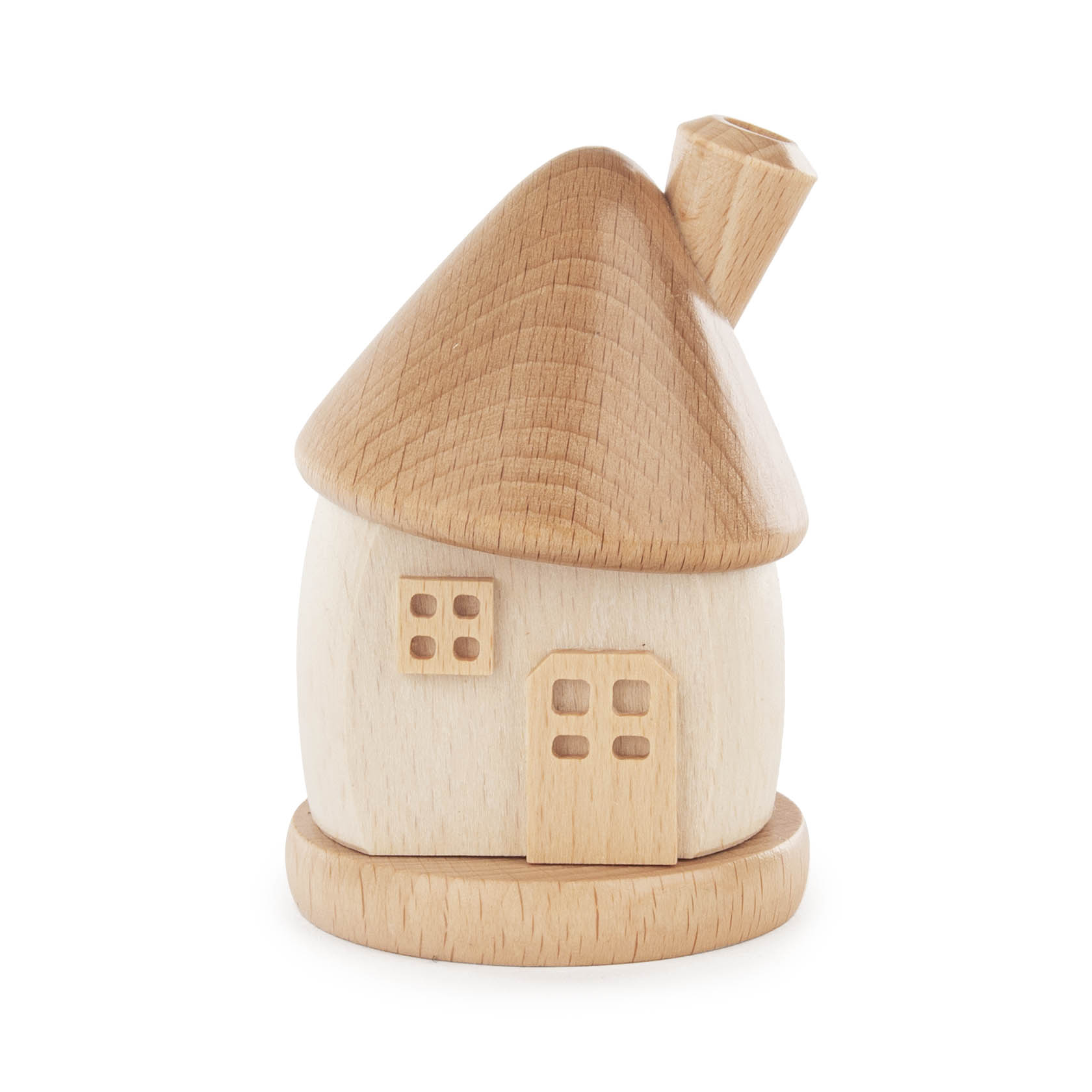 A white incense house made of wood with a rounded shape, featuring a conical roof and a small chimney. It has a door and windows carved into the front. im Dregeno Online Shop günstig kaufen