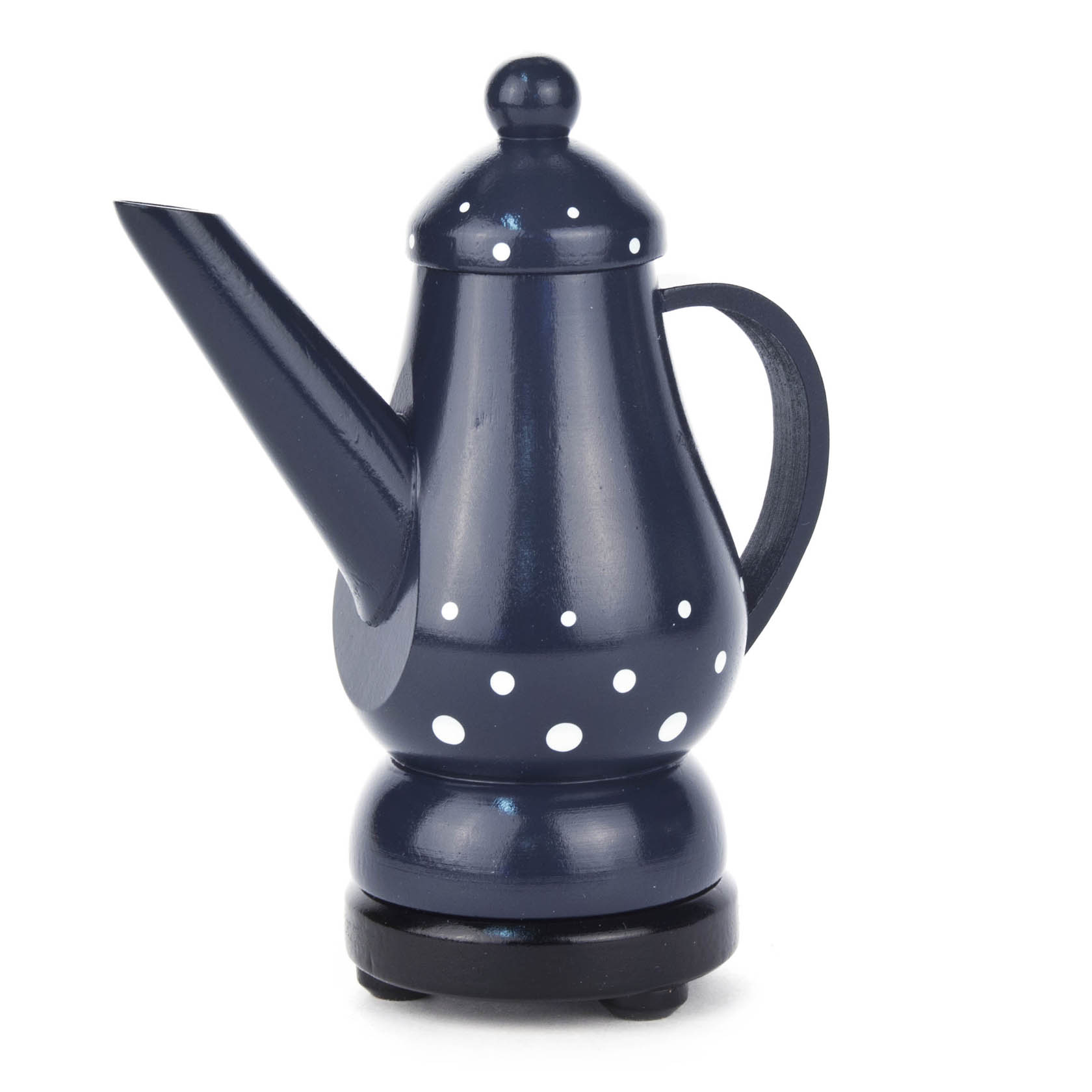 Blaue Räucherfigur in Form einer Kaffeekanne mit weißen Punkten, einem langen Ausguss und einem Griff.