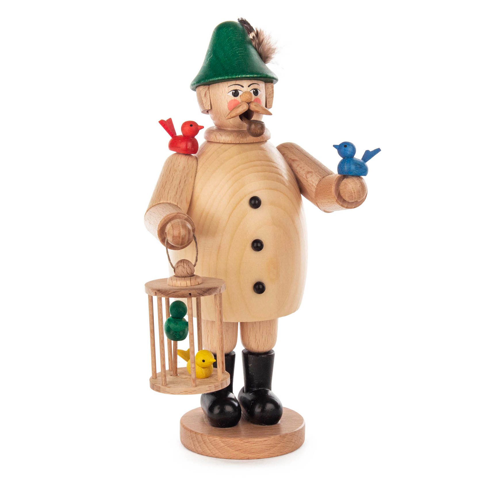 Handgefertigte Holzfigur eines Räuchermanns in Form eines Vogelhändlers mit grünem Hut, Schnurrbart, einem Vogelkäfig und drei bunten Vögeln. im Dregeno Online Shop günstig kaufen
