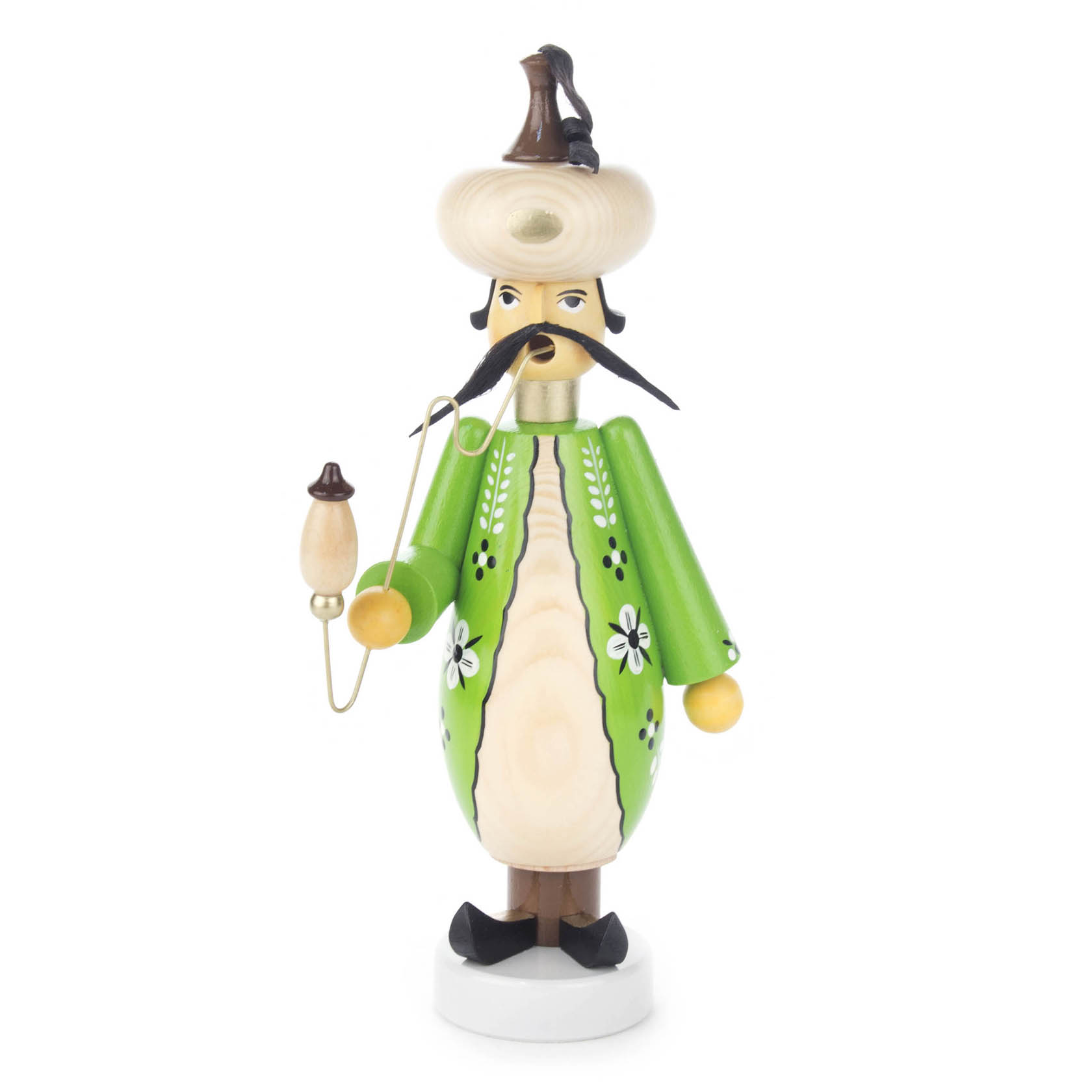 A traditional German incense smoker figure depicting a Turkish man in a green robe with a fez and a long mustache holding a smoking pipe. im Dregeno Online Shop günstig kaufen
