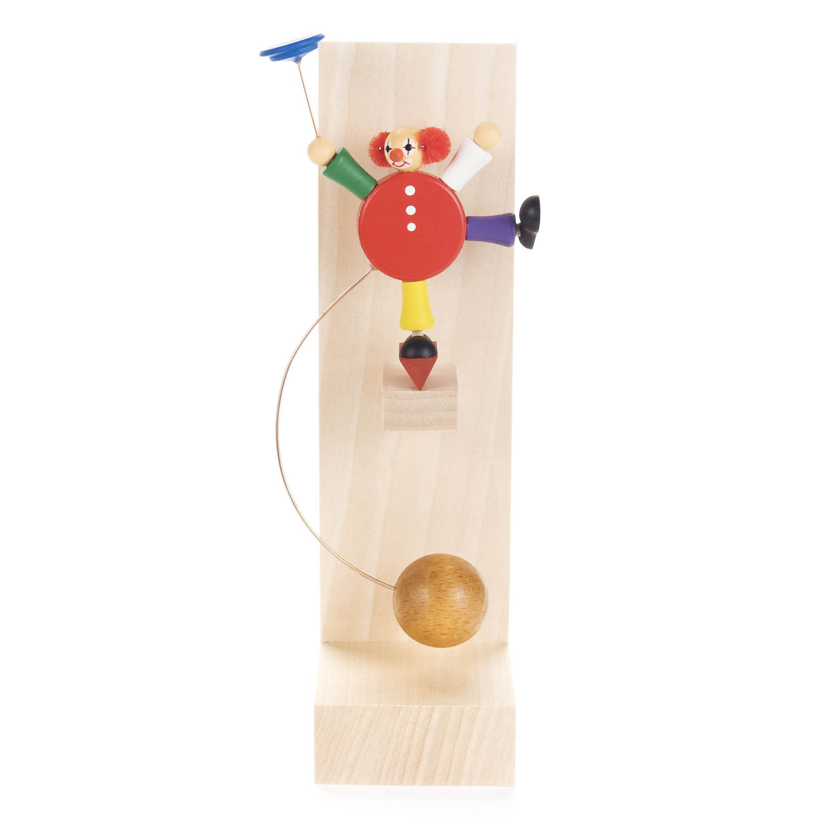 Holzfigur eines Clown-Akrobaten mit rotem Oberteil, gelber Hose und blauer Kappe, balanciert einen blauen Teller auf einem Stab und steht auf einem Holzbrett. im Dregeno Online Shop günstig kaufen