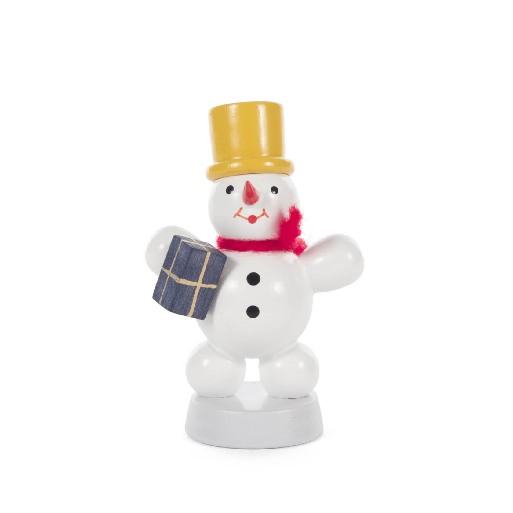 Fröhlicher Holzschneemann mit rotem Schal, orangefarbenem Zylinder und Päckchen in der Hand. im Dregeno Online Shop günstig kaufen