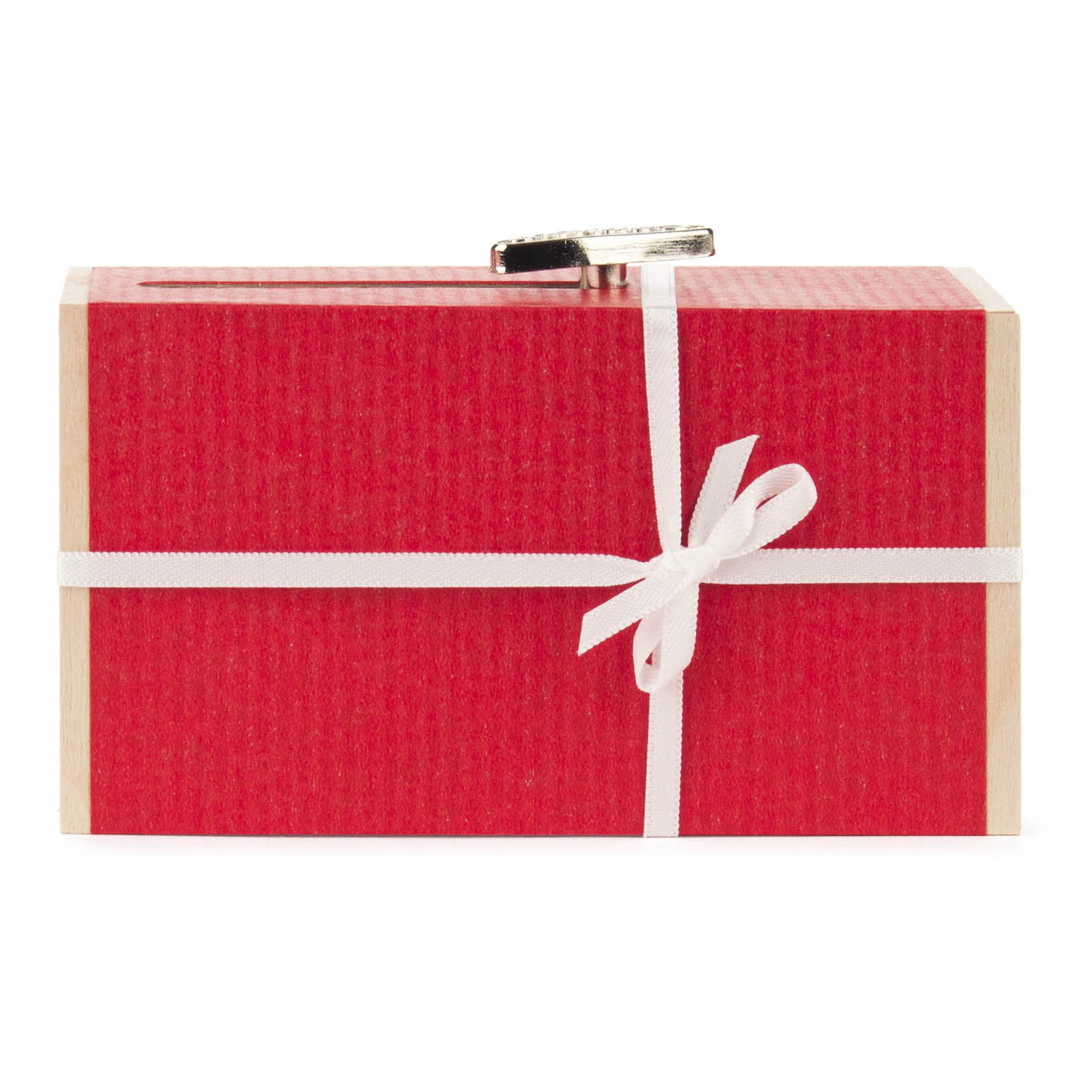 Eine rote Schiebebox in der Form eines Geschenks mit weißer Schleife und einem Einschub oben.