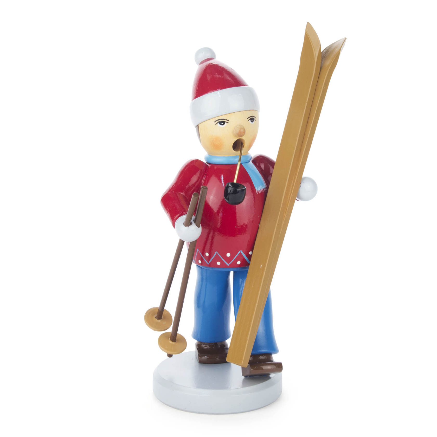 Traditional incense smoker figurine of a skier wearing a red outfit with skis and ski poles, holding a pipe, standing on a white base. im Dregeno Online Shop günstig kaufen