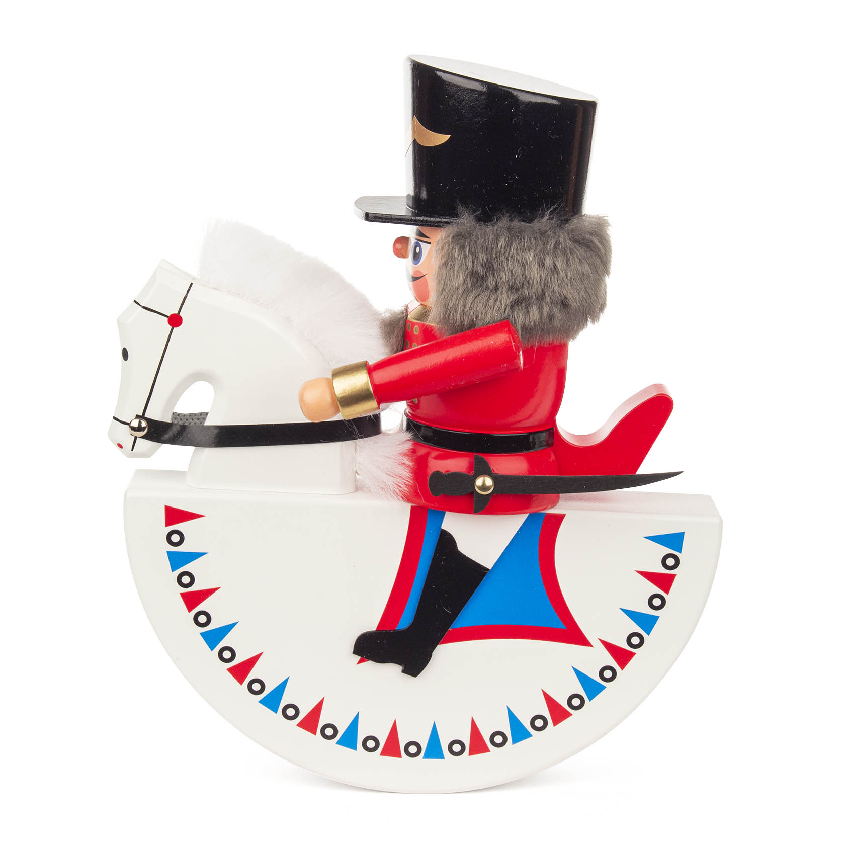 A 19cm red Hussar nutcracker figurine on a rocking horse, featuring a fur collar and tall black hat.