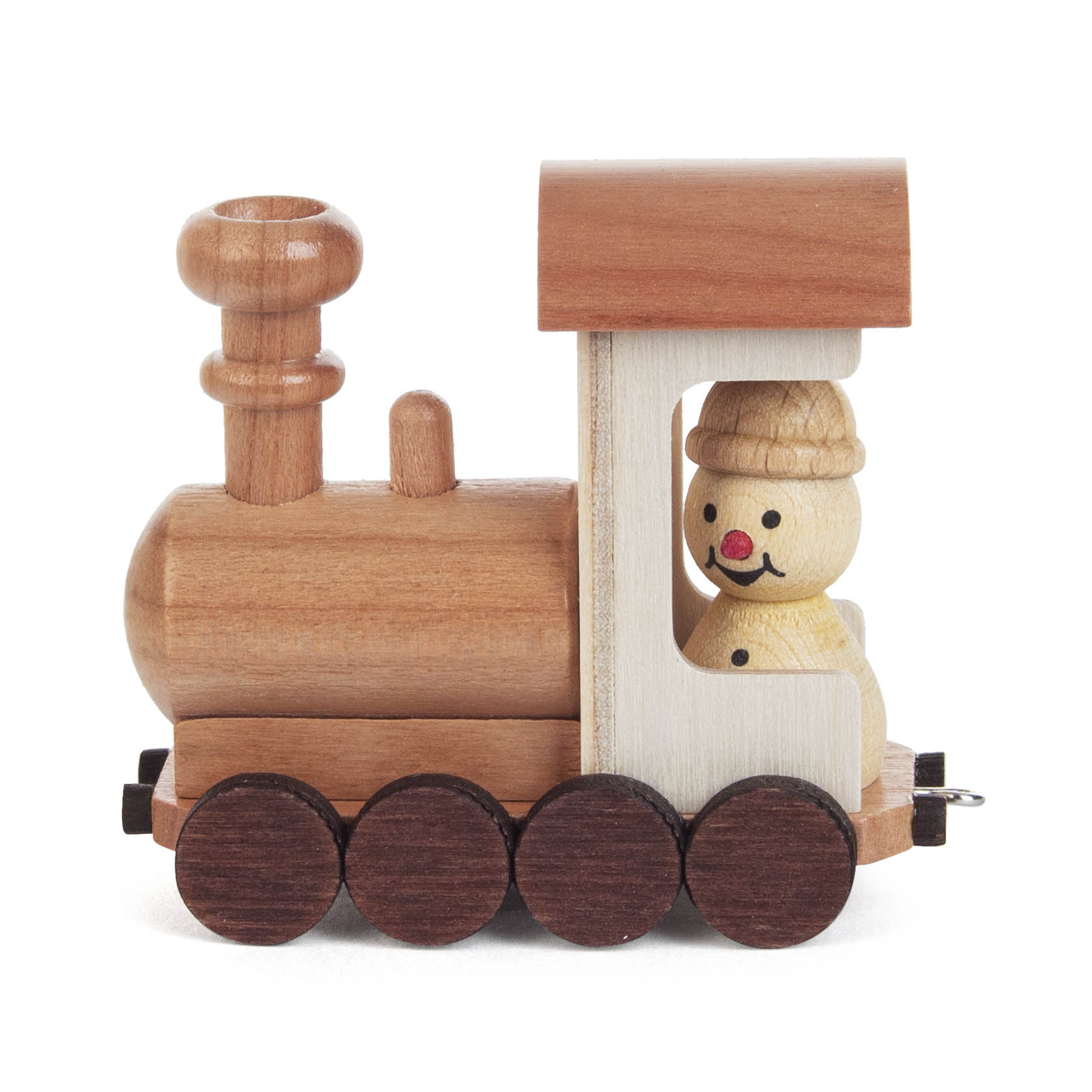 Kleine Holzlokomotive mit einem Schornstein und einem Holzmännchen mit Mütze im Führerhaus. Die Lokomotive hat dunkle Holzräder. im Dregeno Online Shop günstig kaufen