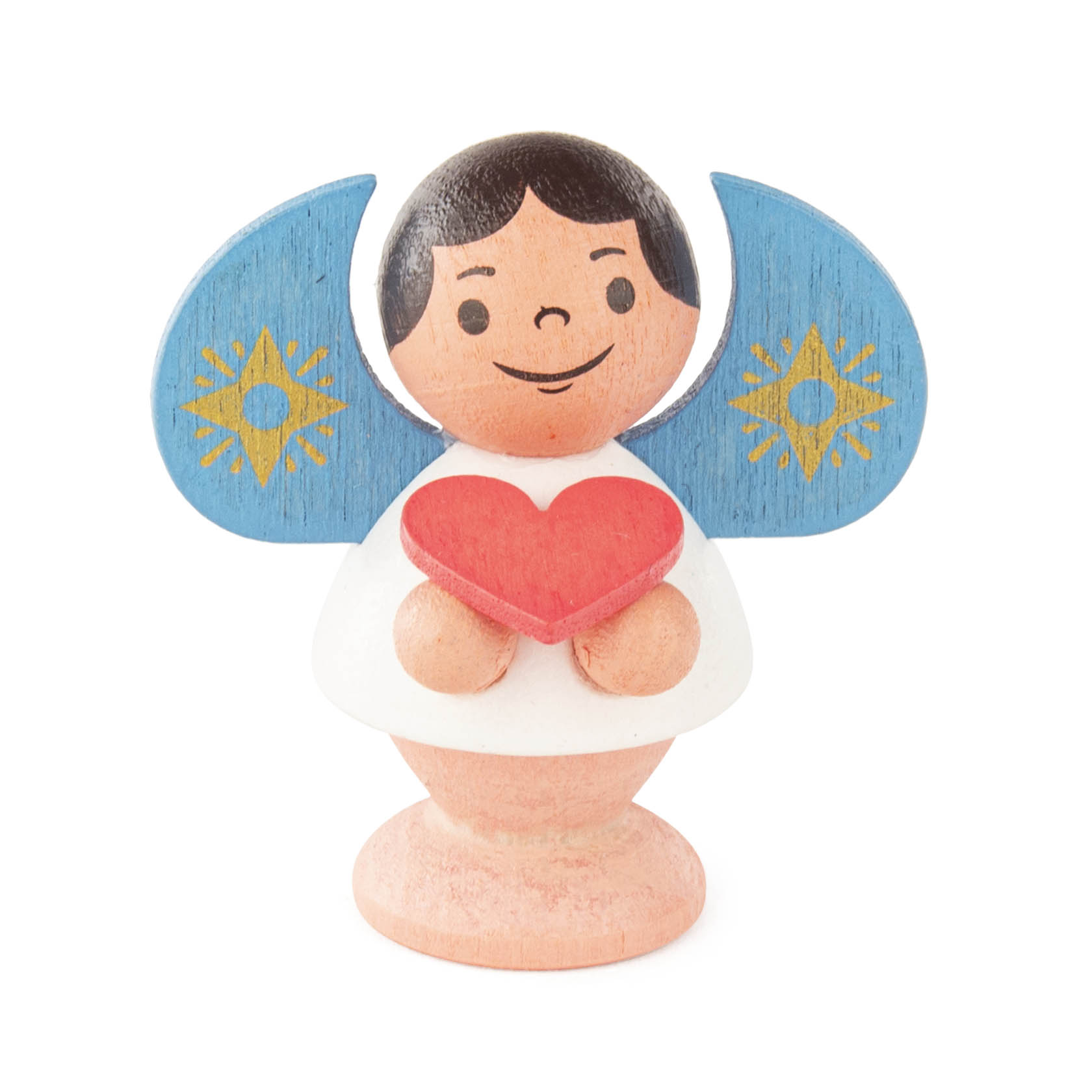 Bunte figurine eines lächelnden Engels mit braunem Haar, blauen Flügeln und einem roten Herz in den Händen. im Dregeno Online Shop günstig kaufen