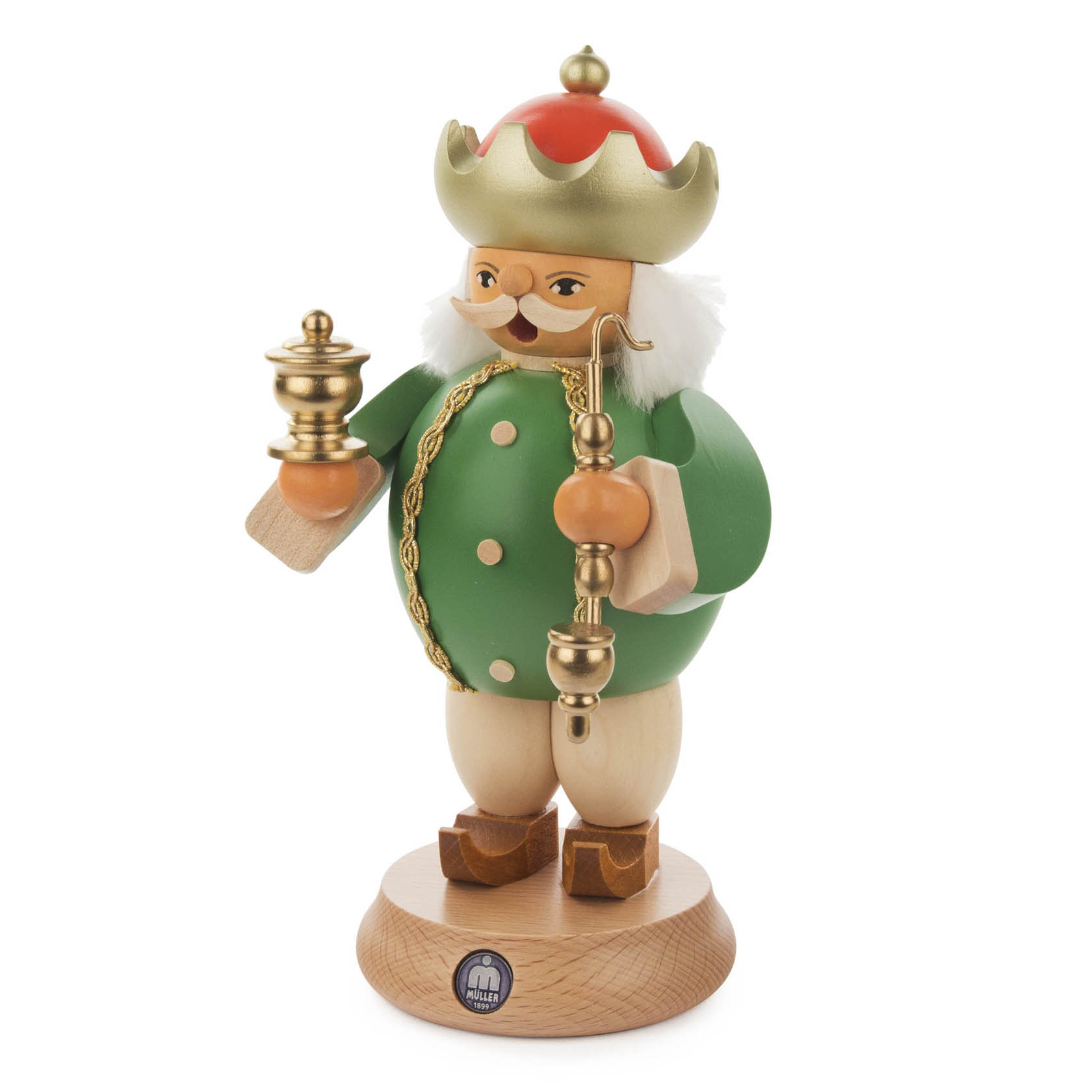 A wooden incense smoker figurine depicting Caspar, one of the Three Wise Men, holding a censer and wearing a green robe and gold crown.