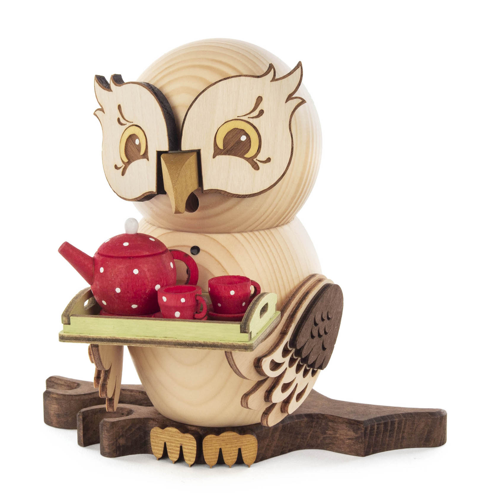 Wooden smoker owl with tea cup