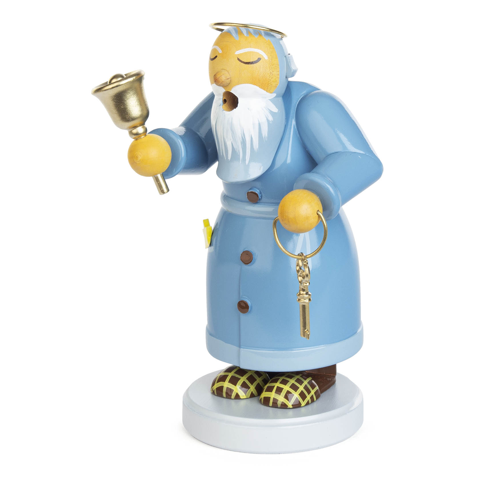 Wooden incense smoker figurine of Saint Peter, dressed in a blue robe with a white beard, holding a bell and golden keys.