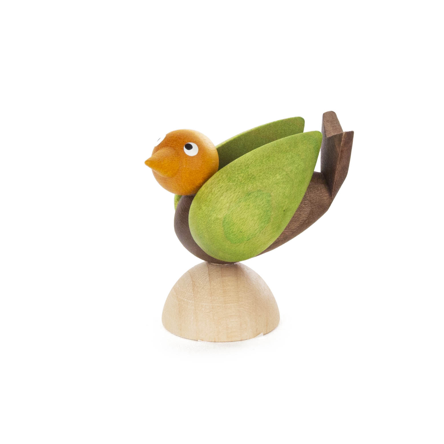 Small wooden bird figurine with a bright orange head, green wings, and brown body standing on a round base. im Dregeno Online Shop günstig kaufen