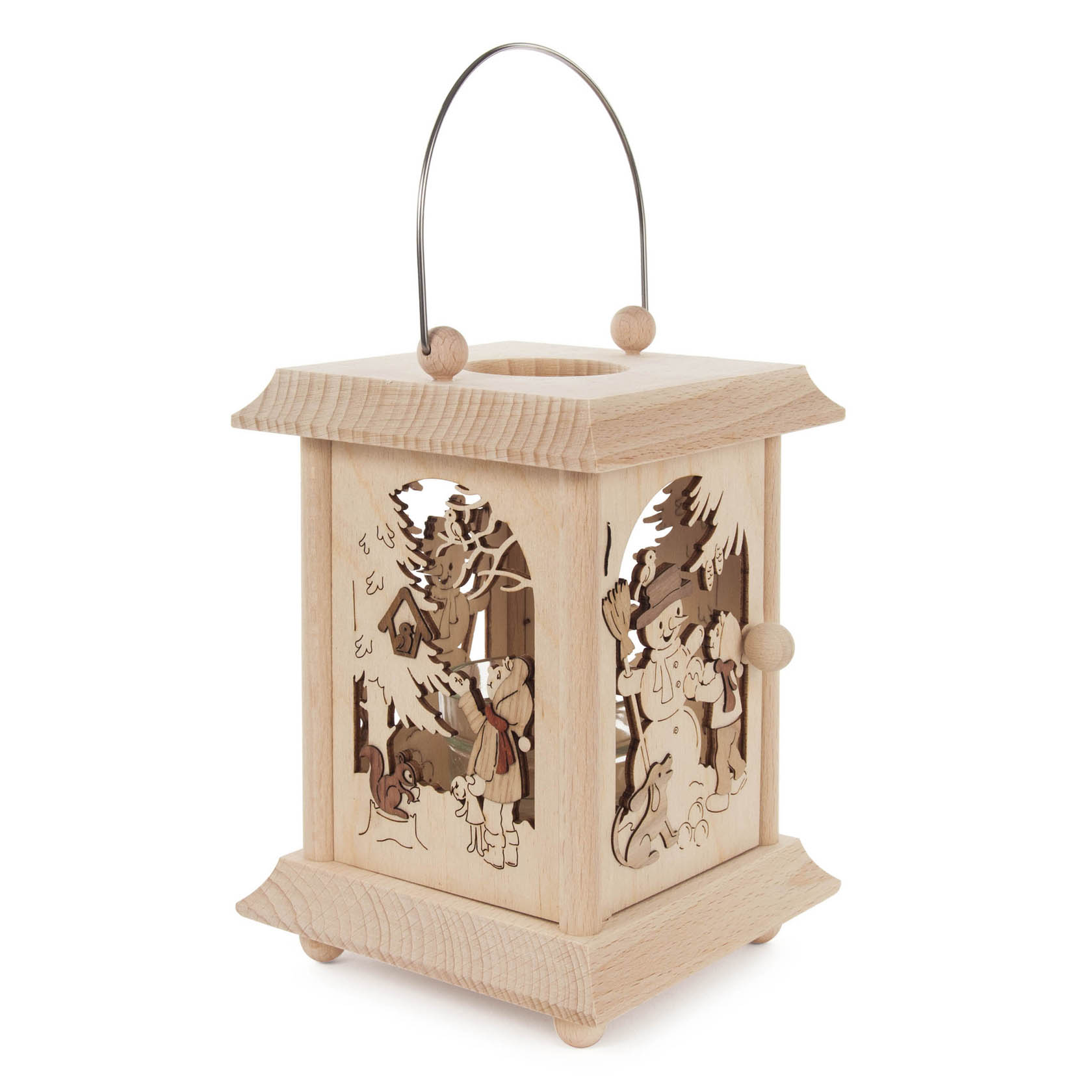 Wooden lantern with carved winter children scene, featuring glass insert for a tealight candle.