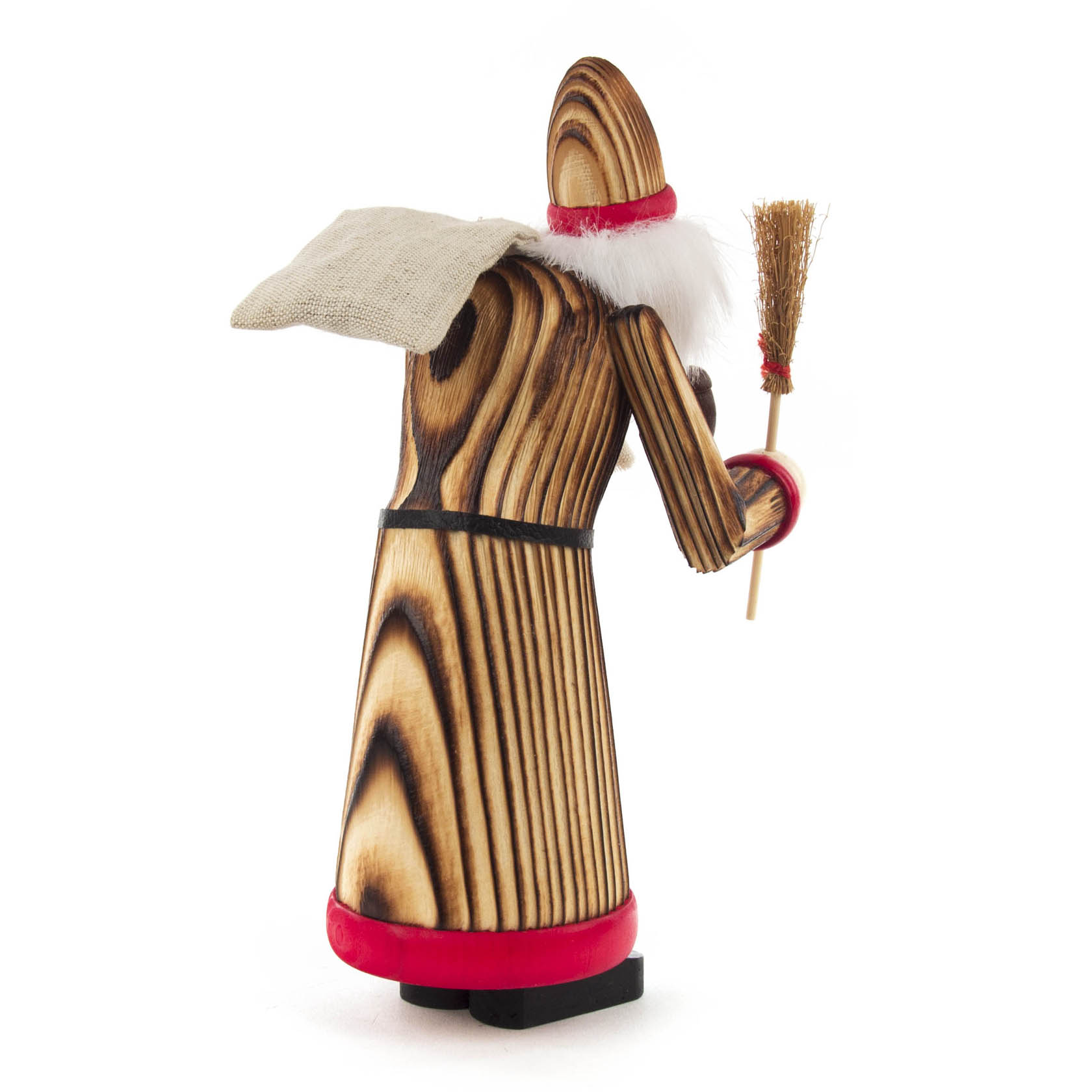 A wooden Räuchermann figure of Ruprecht with a natural burned wood pattern, wearing a fur-trimmed coat, holding a broom, and draped with a linen cape.